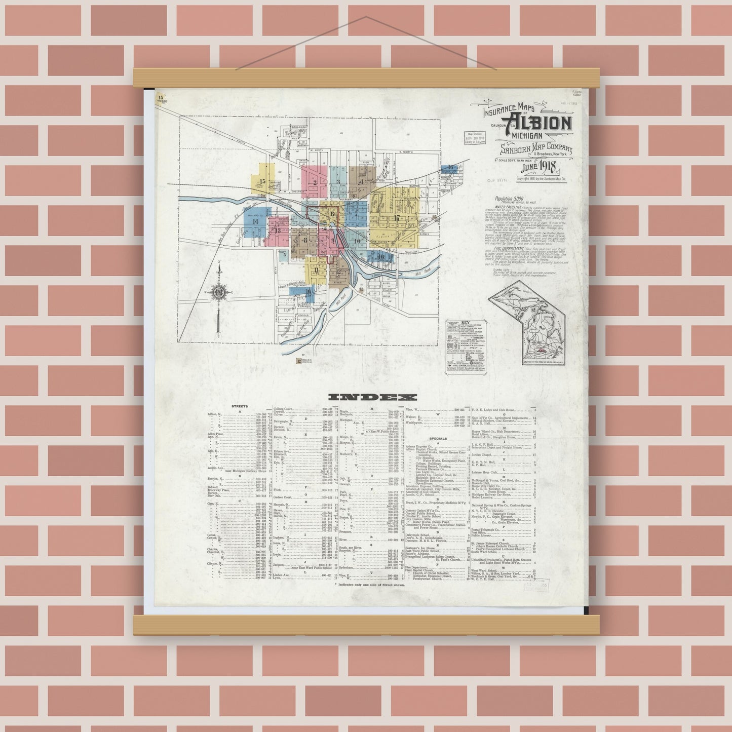 Old map wall art mockup — magnetic wood frame on brick wall — Sanborn Fire Insurance Map from Albion, Calhoun County, Michigan (1918), Sheet #0001