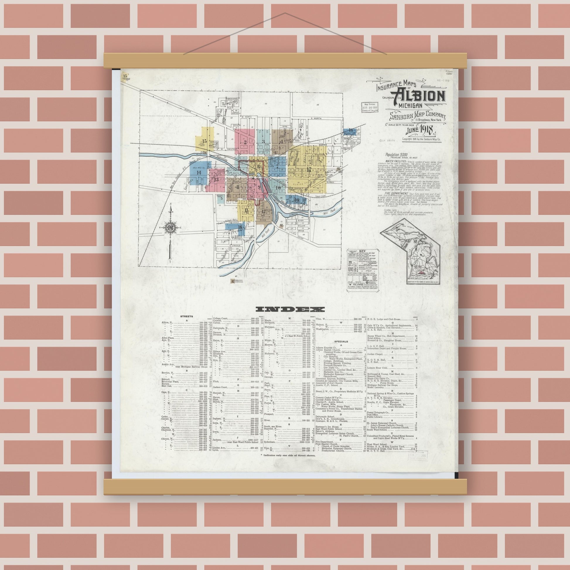 Old map wall art mockup — magnetic wood frame on brick wall — Sanborn Fire Insurance Map from Albion, Calhoun County, Michigan (1918), Sheet #0001