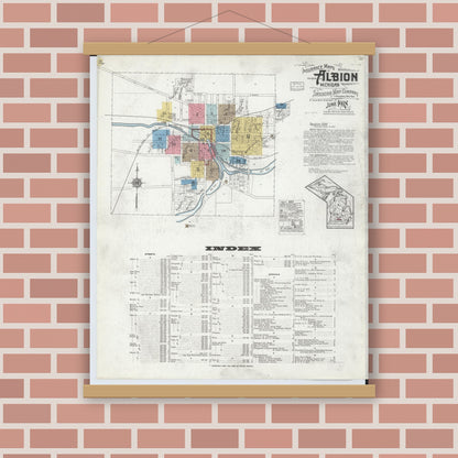 Old map wall art mockup — magnetic wood frame on brick wall — Sanborn Fire Insurance Map from Albion, Calhoun County, Michigan (1918), Sheet #0001