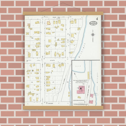 Old map wall art mockup — magnetic wood frame on brick wall — Sanborn Fire Insurance Map from Manitowoc, Manitowoc County, Wisconsin (1919), Sheet #0004