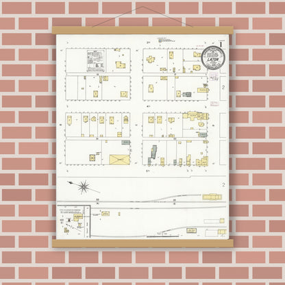 Old map wall art mockup — magnetic wood frame on brick wall — Sanborn Fire Insurance Map from Laton, Fresno County, California (1909), Sheet #0001
