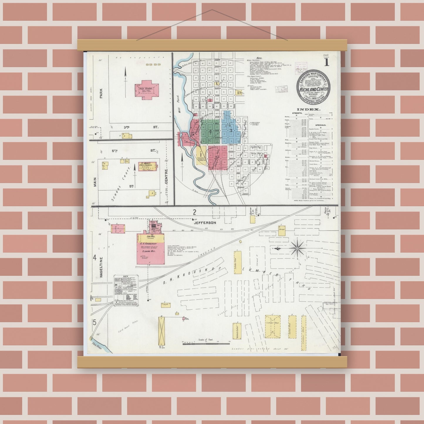 Old map wall art mockup — magnetic wood frame on brick wall — Sanborn Fire Insurance Map from Richland Center, Richland County, Wisconsin (1905), Sheet #0001