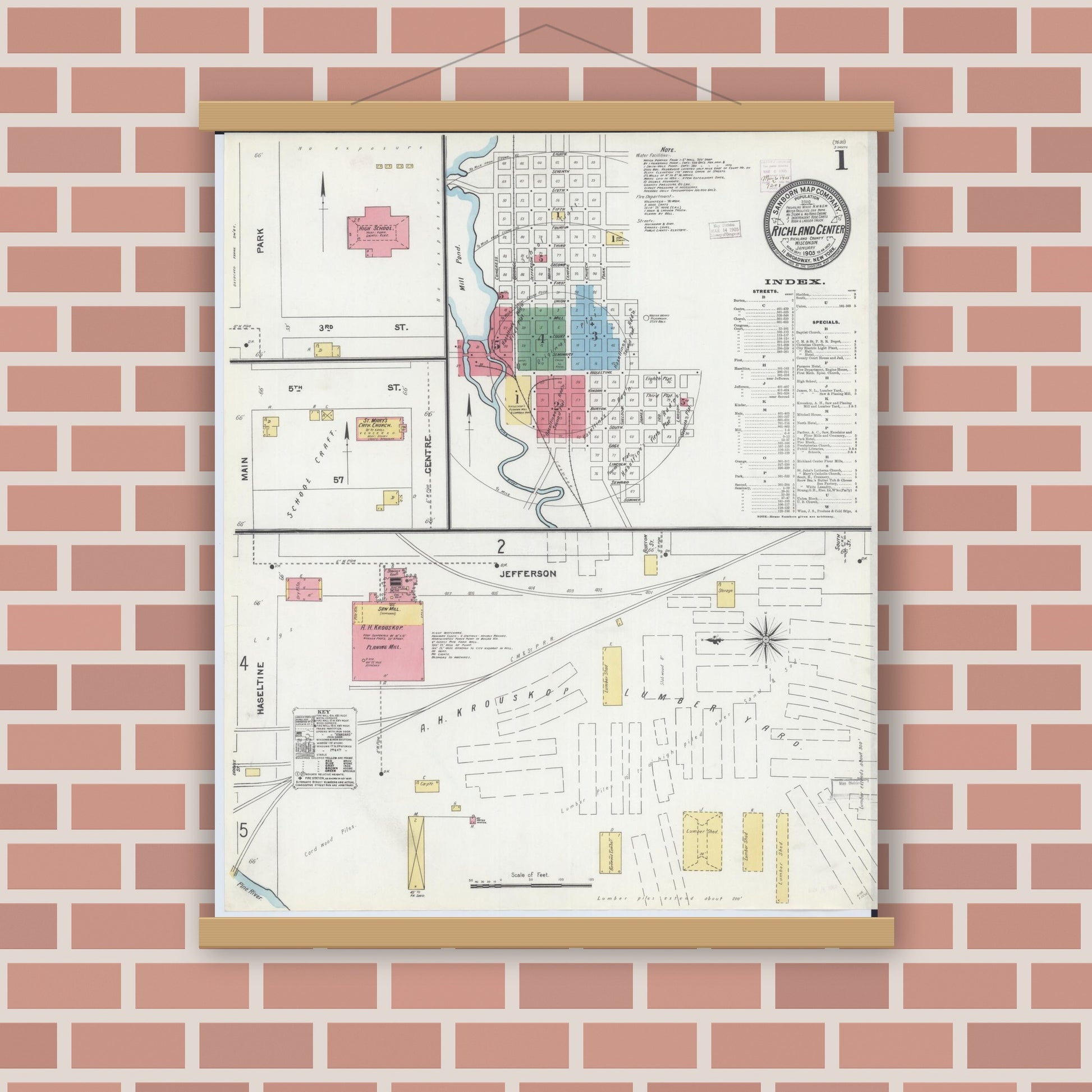 Old map wall art mockup — magnetic wood frame on brick wall — Sanborn Fire Insurance Map from Richland Center, Richland County, Wisconsin (1905), Sheet #0001