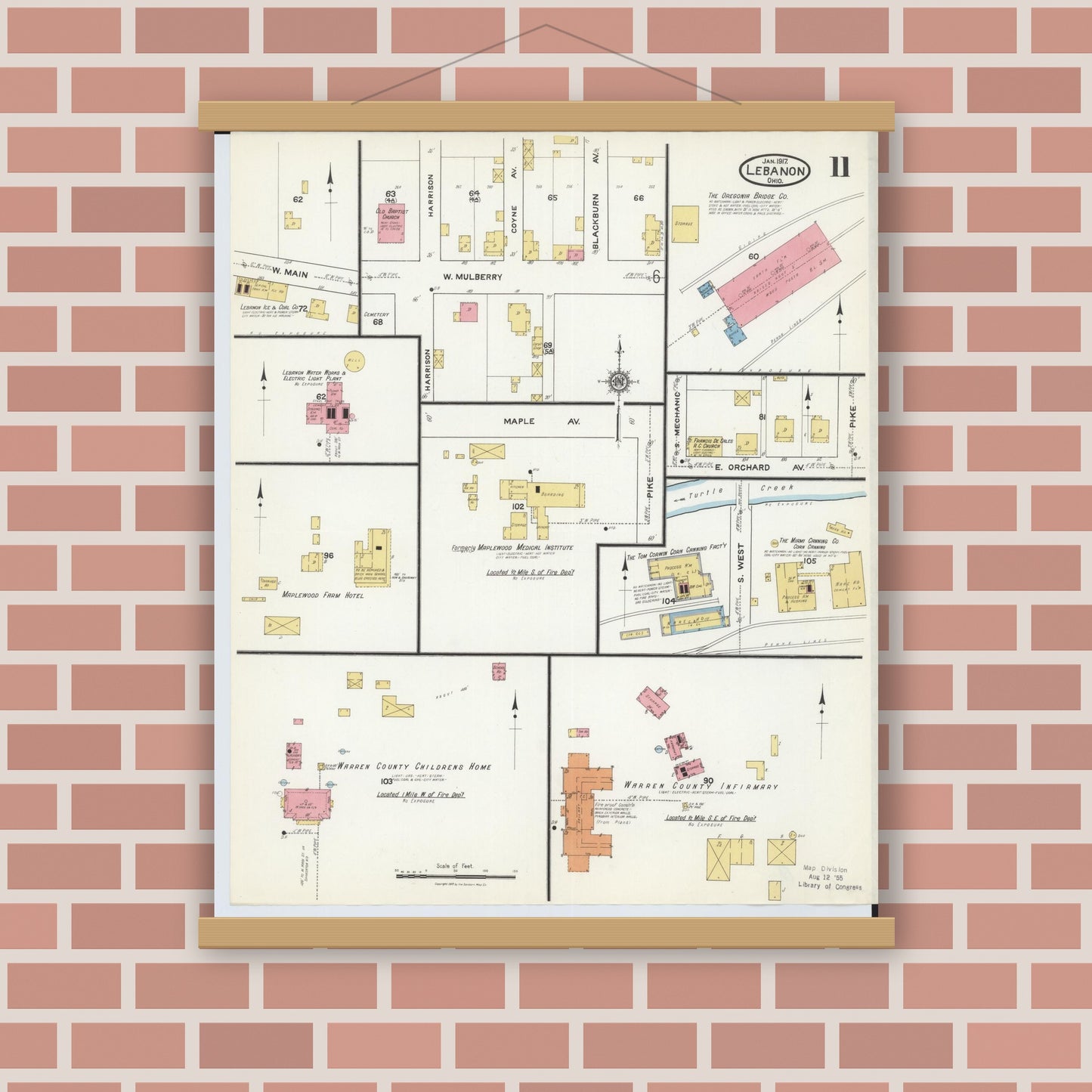 Old map wall art mockup — magnetic wood frame on brick wall — Sanborn Fire Insurance Map from Lebanon, Warren County, Ohio (1917), Sheet #0011