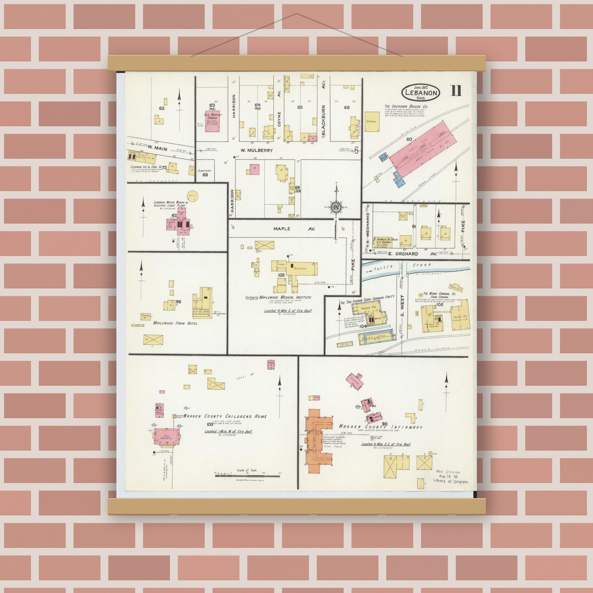 Old map wall art mockup — magnetic wood frame on brick wall — Sanborn Fire Insurance Map from Lebanon, Warren County, Ohio (1917), Sheet #0011