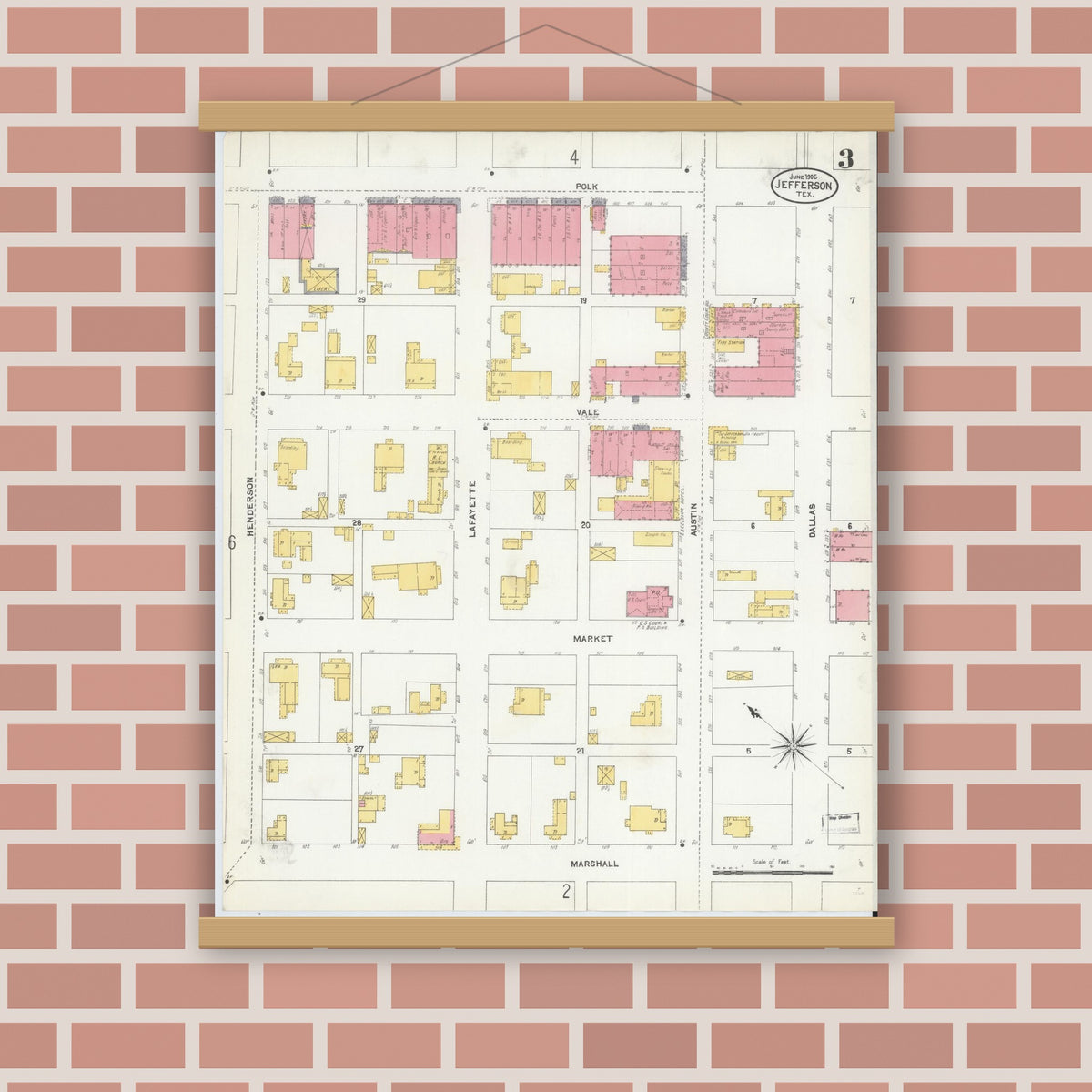 Old map wall art mockup — magnetic wood frame on brick wall — Sanborn Fire Insurance Map from Jefferson, Marion County, Texas (1906), Sheet #0003