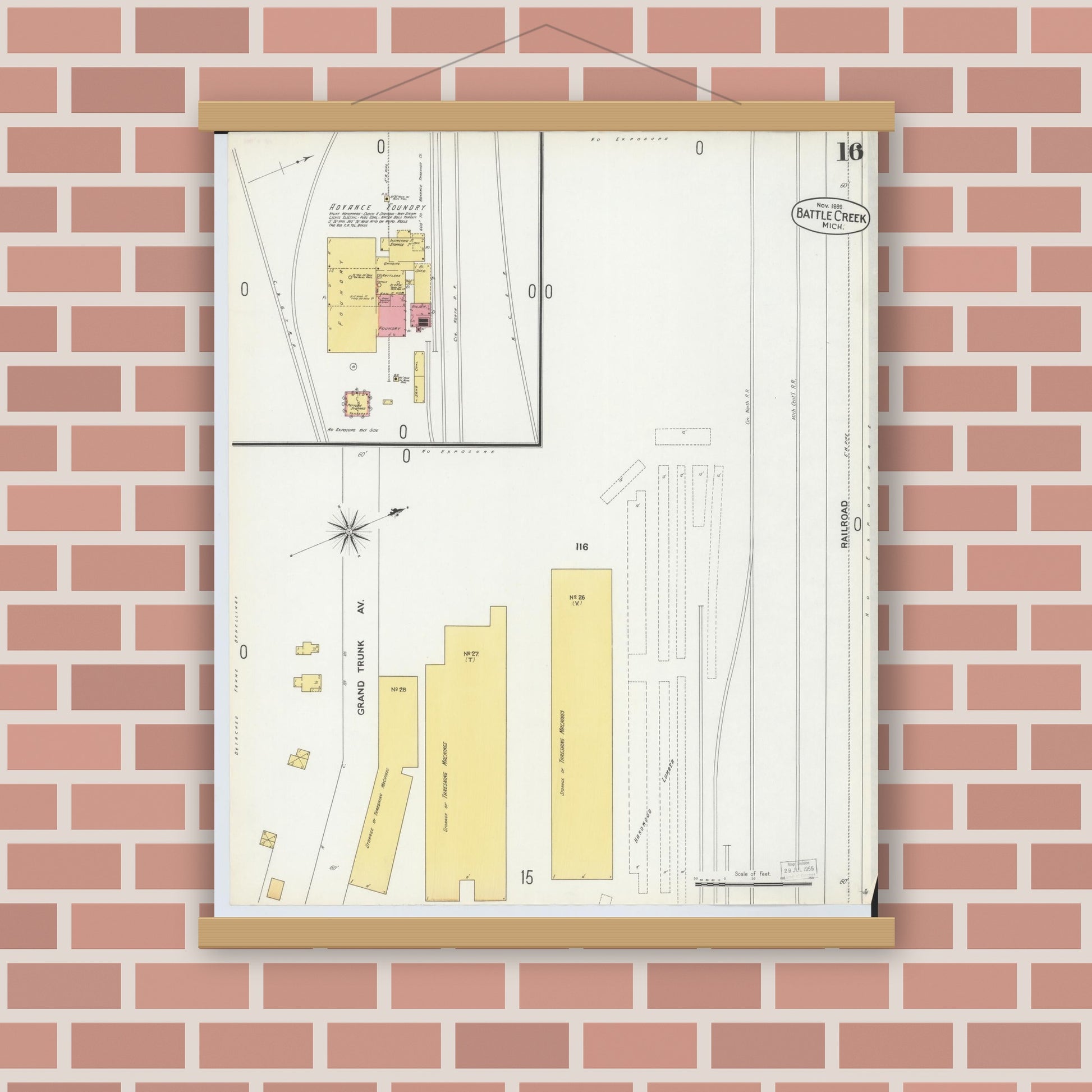 Old map wall art mockup — magnetic wood frame on brick wall — Sanborn Fire Insurance Map from Battle Creek, Calhoun County, Michigan (1899), Sheet #0016
