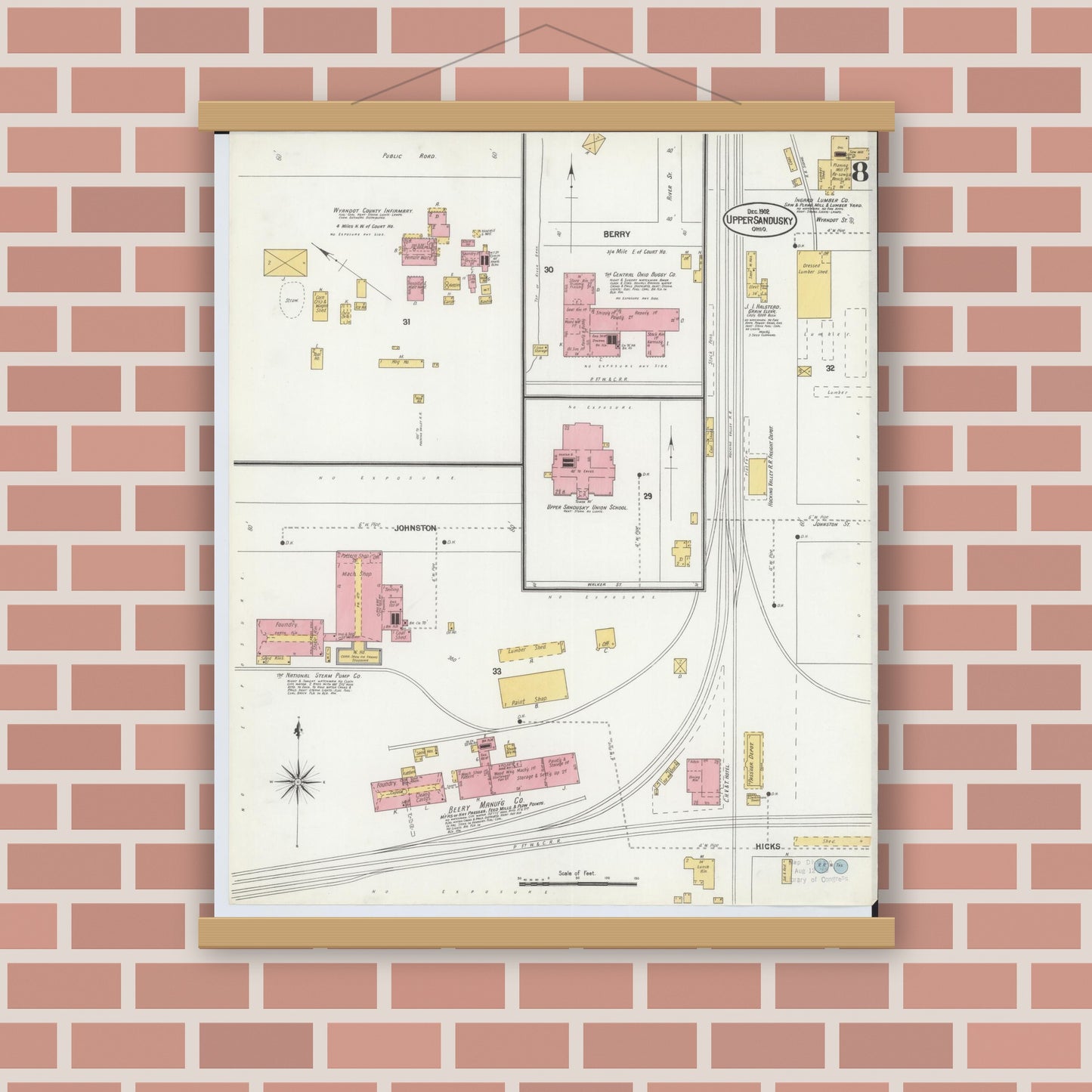Old map wall art mockup — magnetic wood frame on brick wall — Sanborn Fire Insurance Map from Upper Sandusky, Wyandot County, Ohio (1902), Sheet #0008