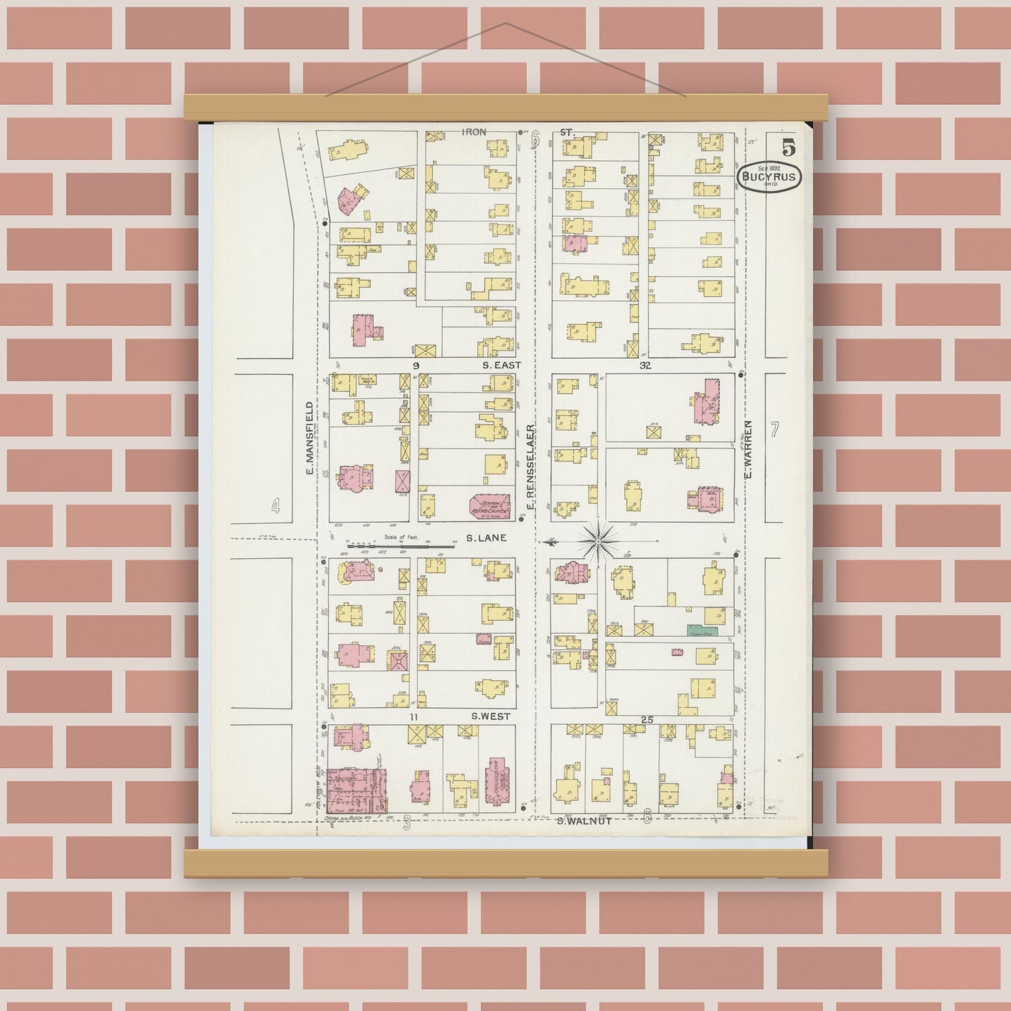 Old map wall art mockup — magnetic wood frame on brick wall — Sanborn Fire Insurance Map from Bucyrus, Crawford County, Ohio (1892), Sheet #0005