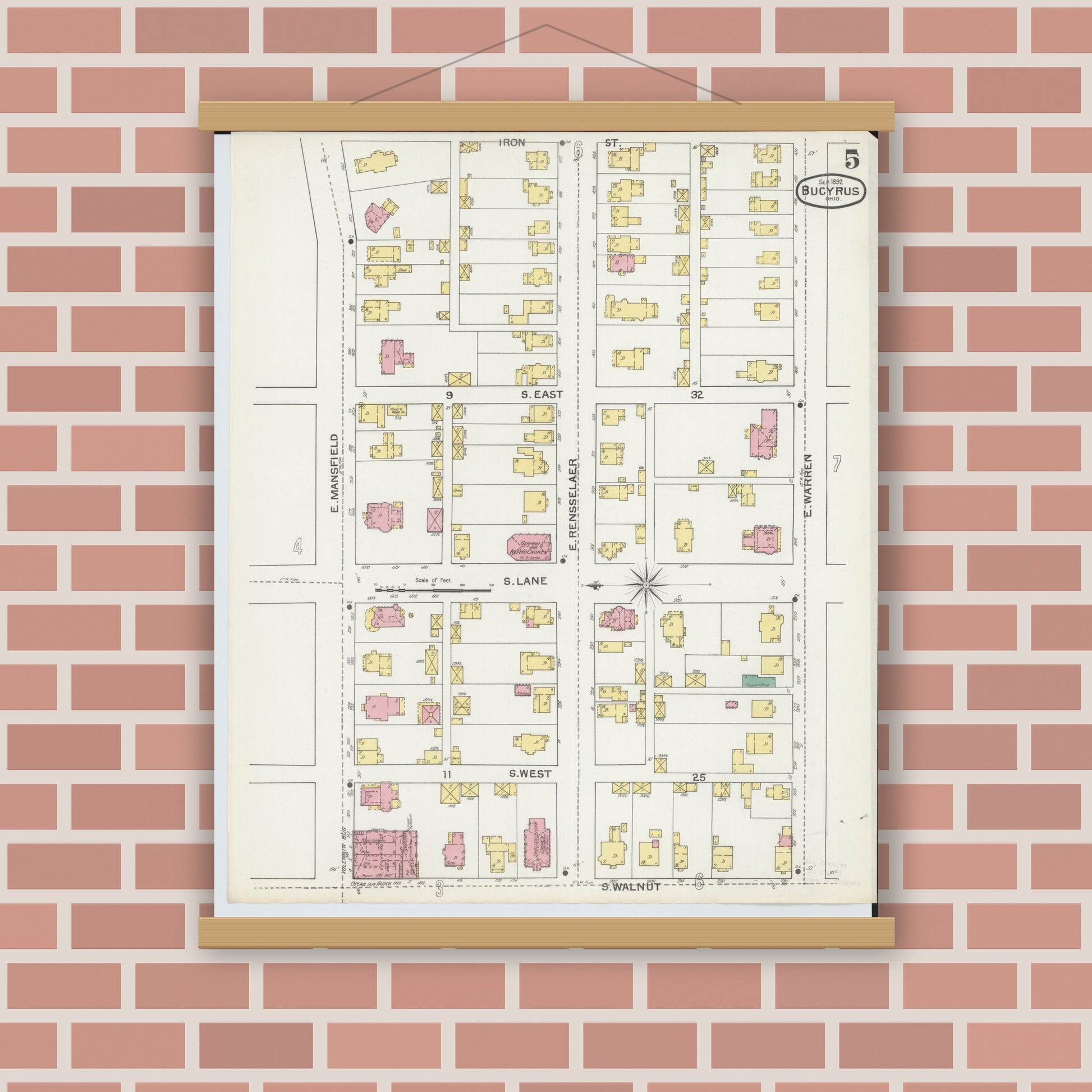 Old map wall art mockup — magnetic wood frame on brick wall — Sanborn Fire Insurance Map from Bucyrus, Crawford County, Ohio (1892), Sheet #0005
