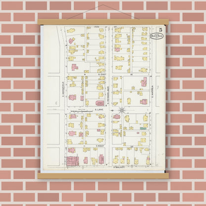 Old map wall art mockup — magnetic wood frame on brick wall — Sanborn Fire Insurance Map from Bucyrus, Crawford County, Ohio (1892), Sheet #0005