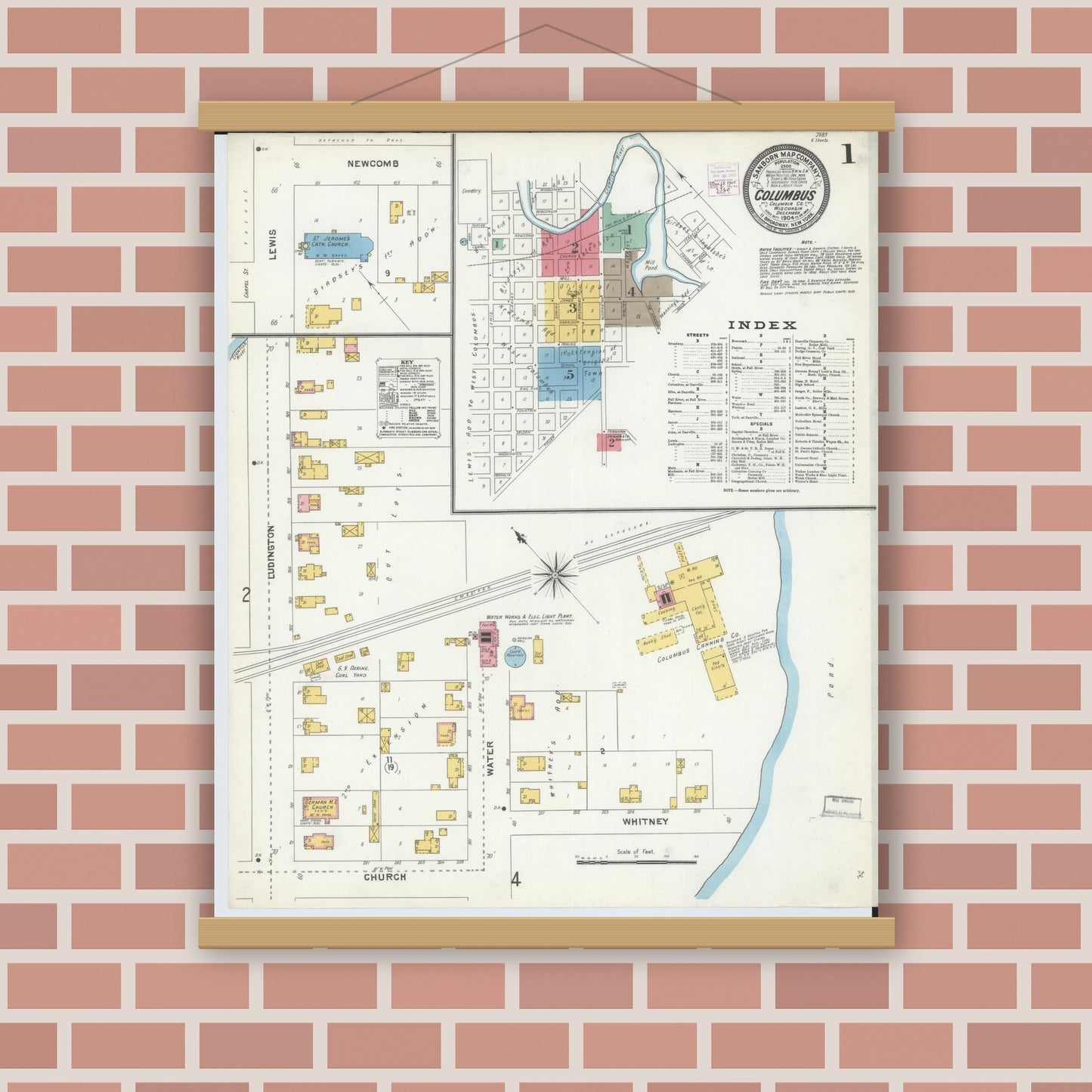 Old map wall art mockup — magnetic wood frame on brick wall — Sanborn Fire Insurance Map from Columbus, Columbia and Dodge County, Wisconsin (1904) - Complete Map Set