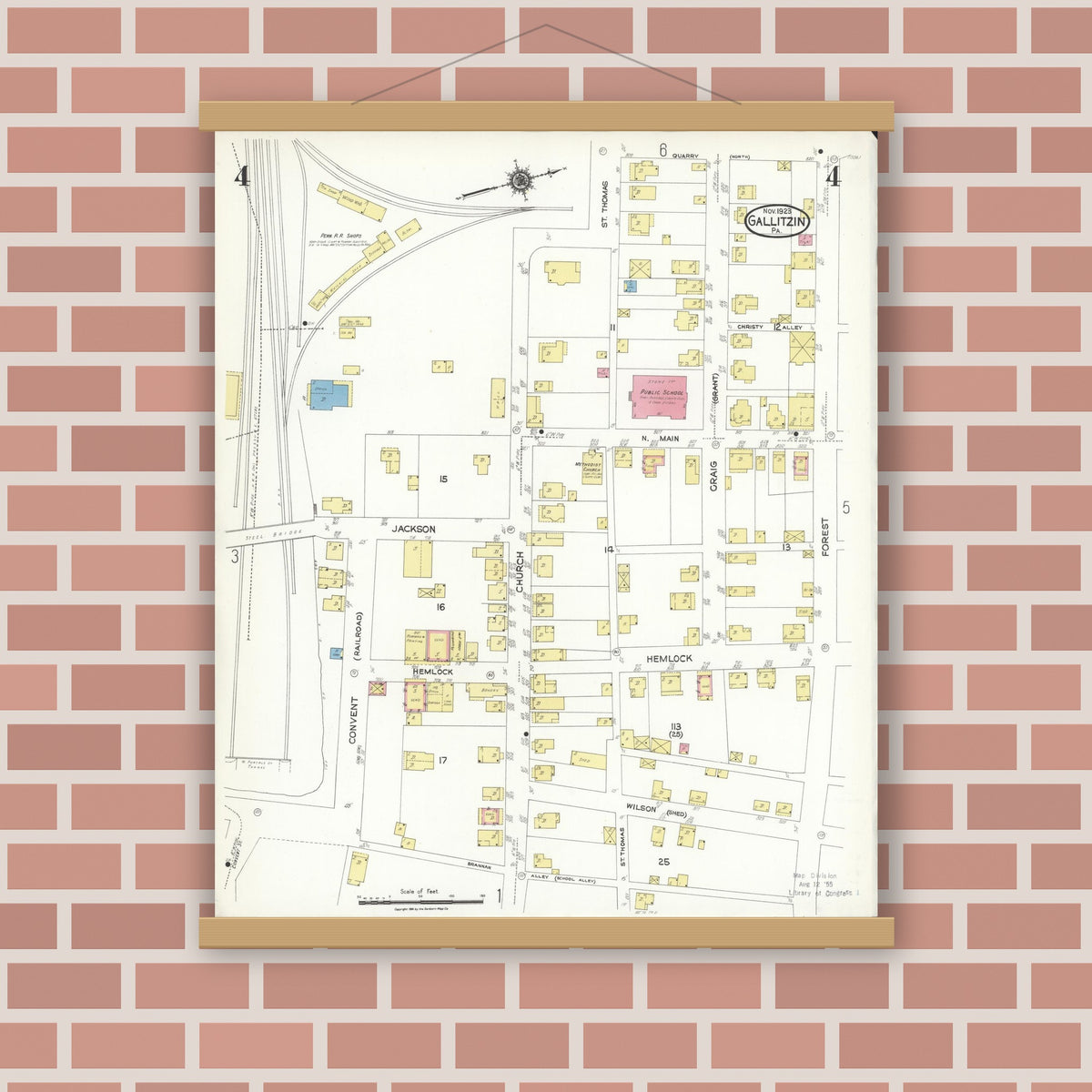 Old map wall art mockup — magnetic wood frame on brick wall — Sanborn Fire Insurance Map from Gallitzin, Cambria County, Pennsylvania (1923), Sheet #0004