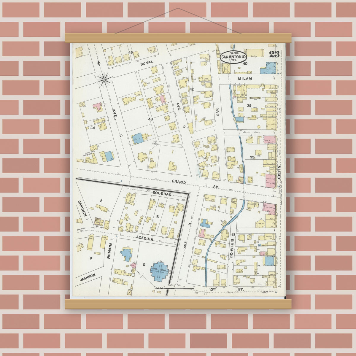 Old map wall art mockup — magnetic wood frame on brick wall — Sanborn Fire Insurance Map from San Antonio, Bexar County, Texas (1892), Sheet #0023