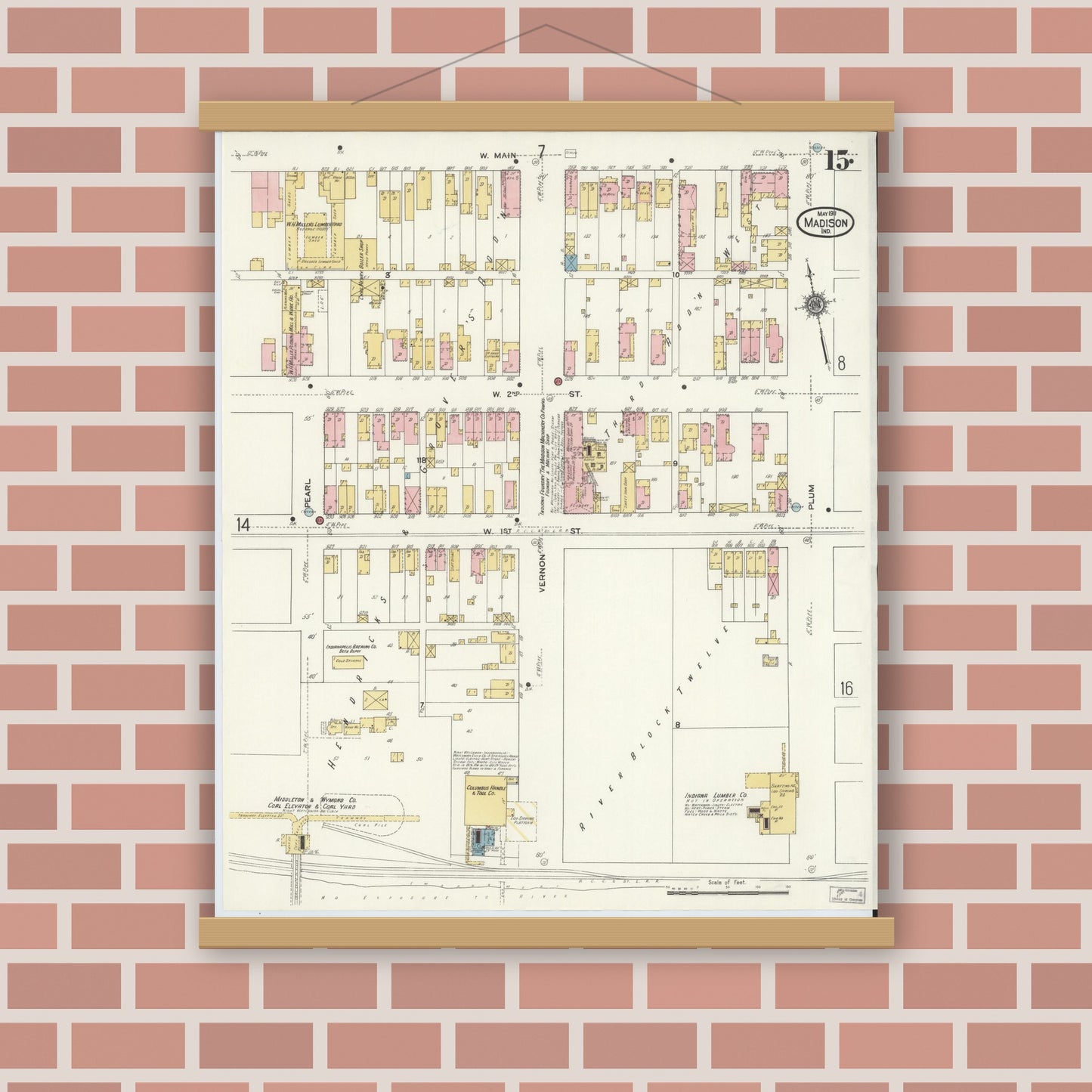 Old map wall art mockup — magnetic wood frame on brick wall — Sanborn Fire Insurance Map from Madison, Jefferson County, Indiana (1911), Sheet #0015
