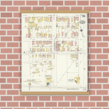 Old map wall art mockup — magnetic wood frame on brick wall — Sanborn Fire Insurance Map from Madison, Jefferson County, Indiana (1911), Sheet #0015