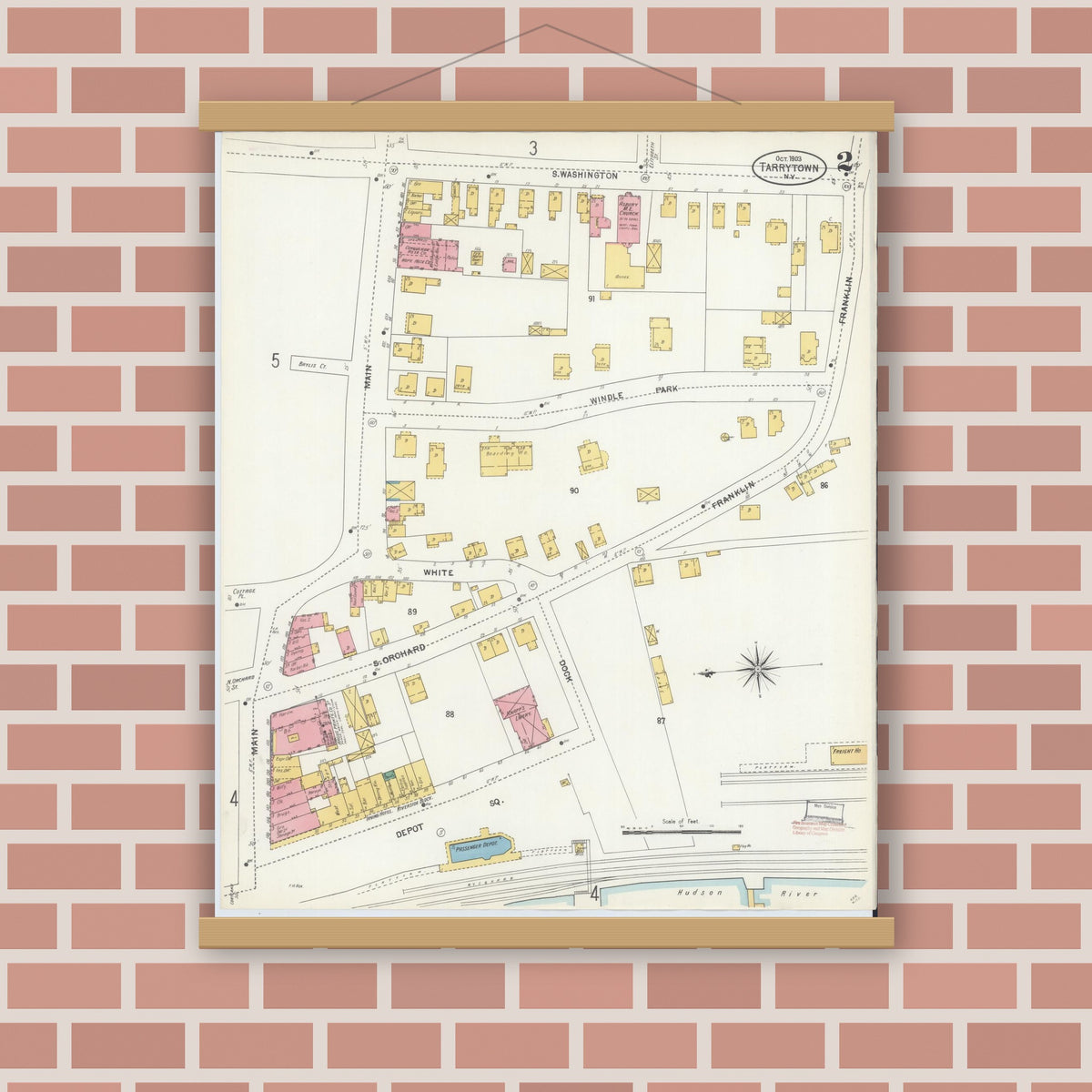 Old map wall art mockup — magnetic wood frame on brick wall — Sanborn Fire Insurance Map from Tarrytown, Westchester County, New York (1903), Sheet #0002