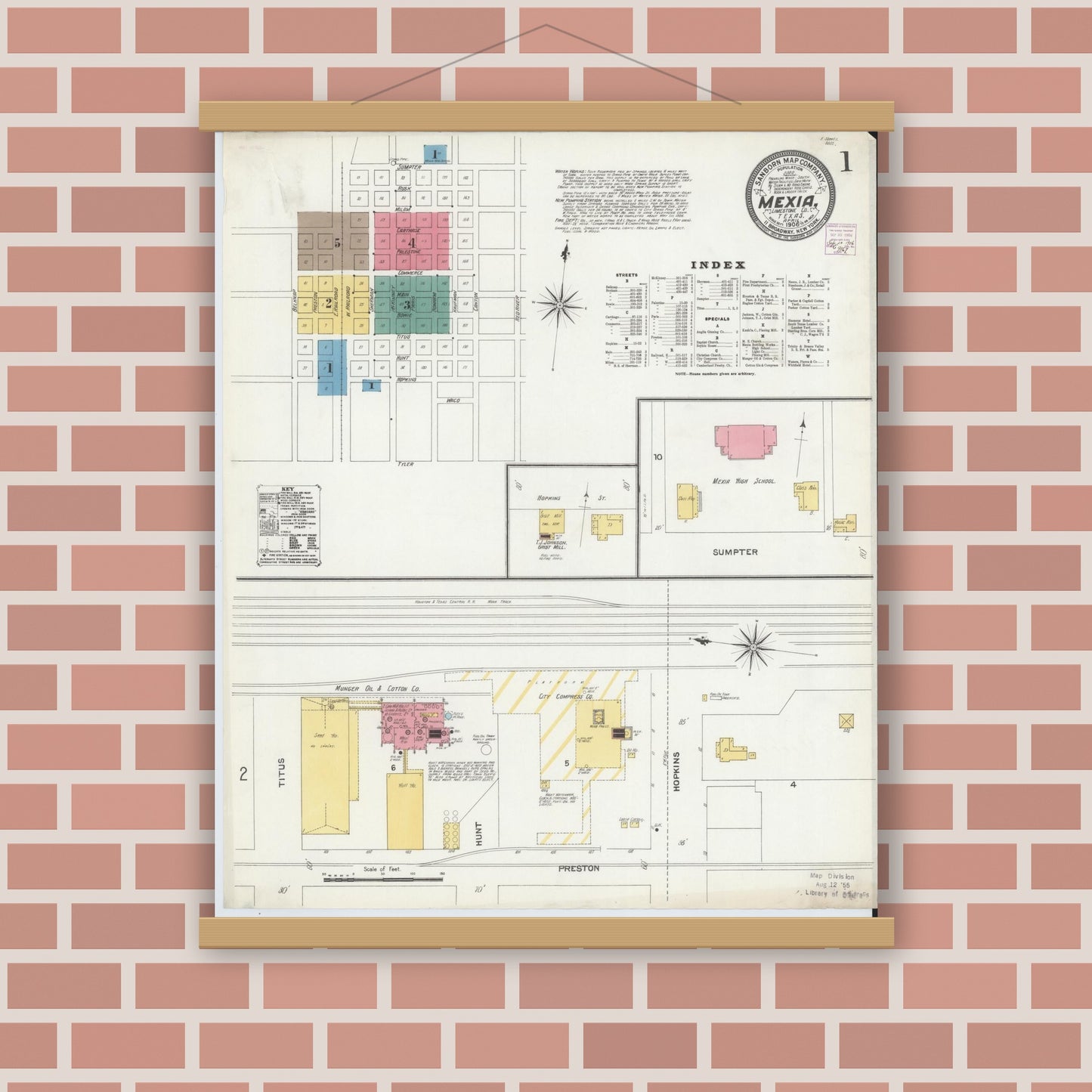 Old map wall art mockup — magnetic wood frame on brick wall — Sanborn Fire Insurance Map from Mexia, Limestone County, Texas (1906) - Complete Map Set