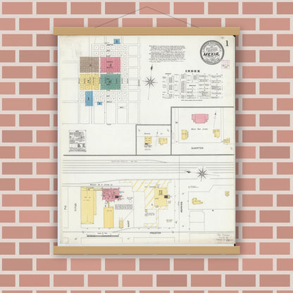 Old map wall art mockup — magnetic wood frame on brick wall — Sanborn Fire Insurance Map from Mexia, Limestone County, Texas (1906) - Complete Map Set