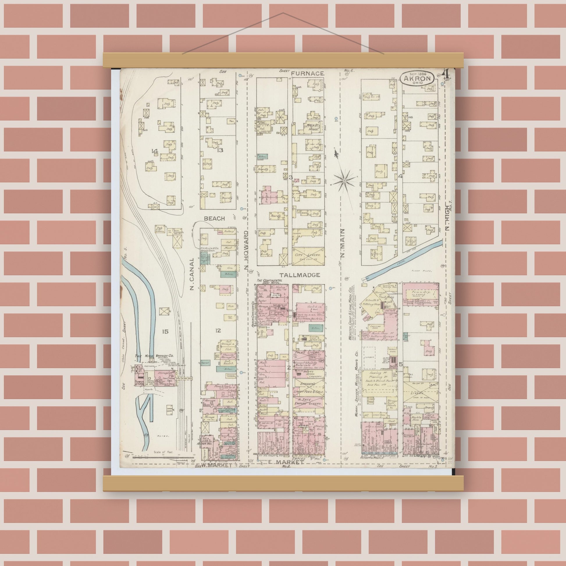 Old map wall art mockup — magnetic wood frame on brick wall — Sanborn Fire Insurance Map from Akron, Summit County, Ohio (1886), Sheet #0004