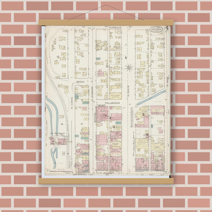 Old map wall art mockup — magnetic wood frame on brick wall — Sanborn Fire Insurance Map from Akron, Summit County, Ohio (1886), Sheet #0004