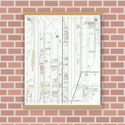 Old map wall art mockup — magnetic wood frame on brick wall — Sanborn Fire Insurance Map from Borger, Hutchinson County, Texas (1928), Sheet #0012