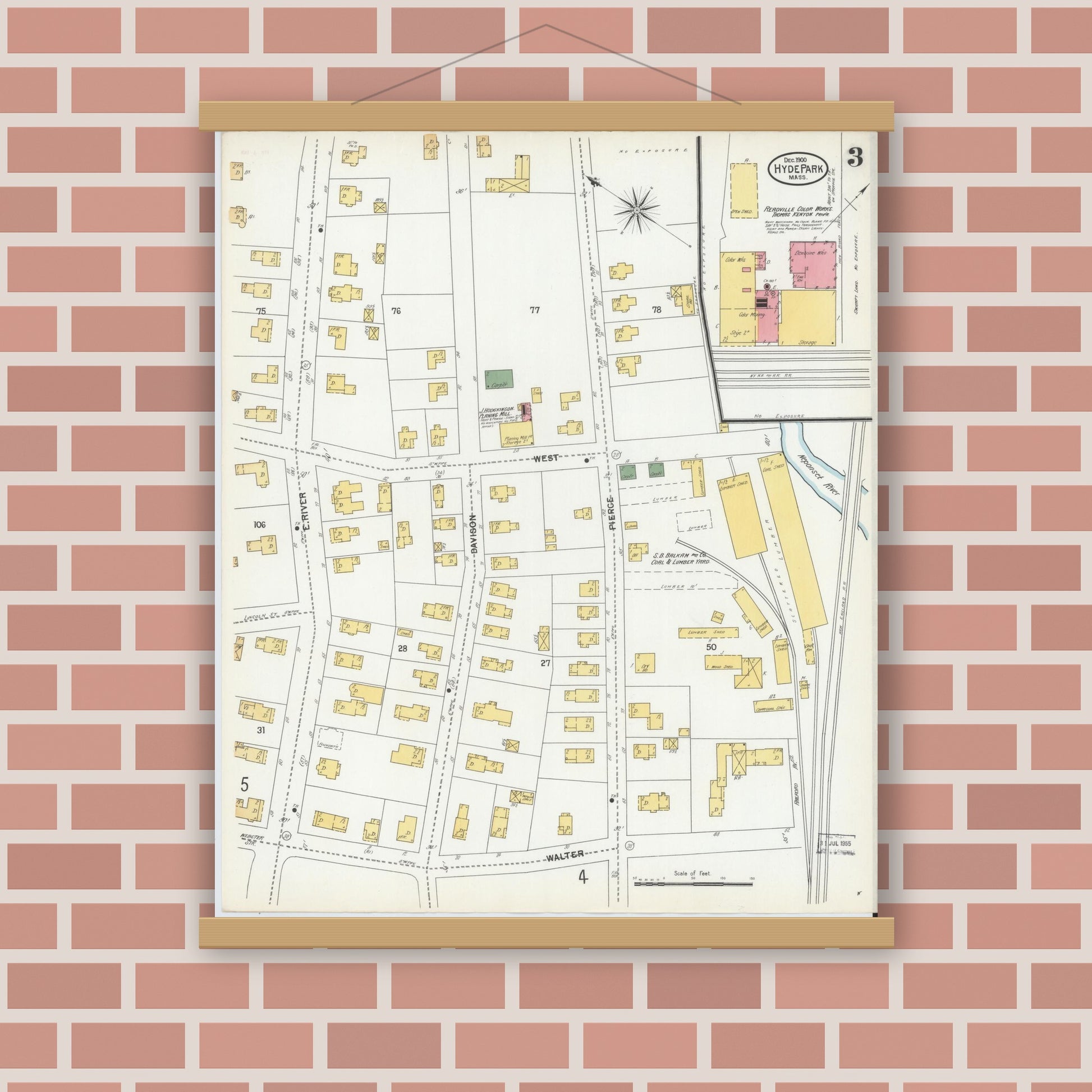 Old map wall art mockup — magnetic wood frame on brick wall — Sanborn Fire Insurance Map from Hyde Park, Norfolk County, Massachusetts (1900), Sheet #0003
