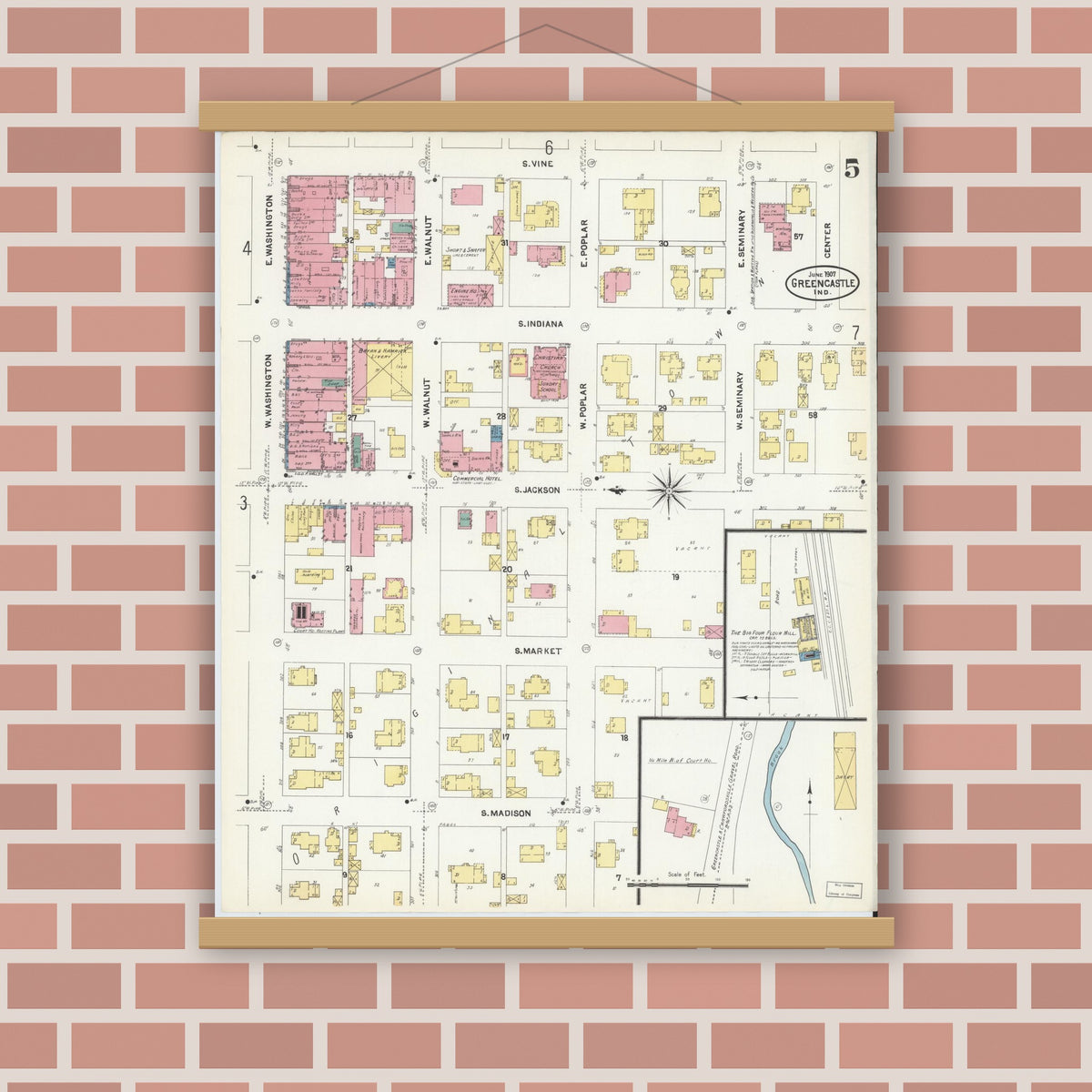 Old map wall art mockup — magnetic wood frame on brick wall — Sanborn Fire Insurance Map from Greencastle, Putnam County, Indiana (1907), Sheet #0005
