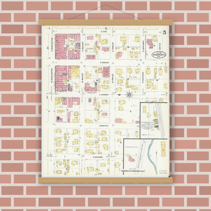Old map wall art mockup — magnetic wood frame on brick wall — Sanborn Fire Insurance Map from Greencastle, Putnam County, Indiana (1907), Sheet #0005