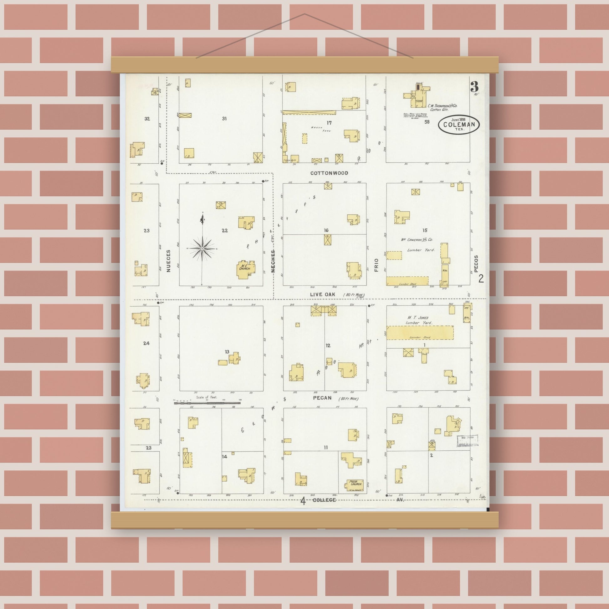 Old map wall art mockup — magnetic wood frame on brick wall — Sanborn Fire Insurance Map from Coleman, Coleman County, Texas (1898), Sheet #0003