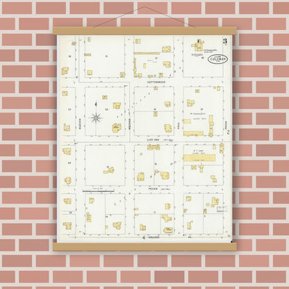 Old map wall art mockup — magnetic wood frame on brick wall — Sanborn Fire Insurance Map from Coleman, Coleman County, Texas (1898), Sheet #0003