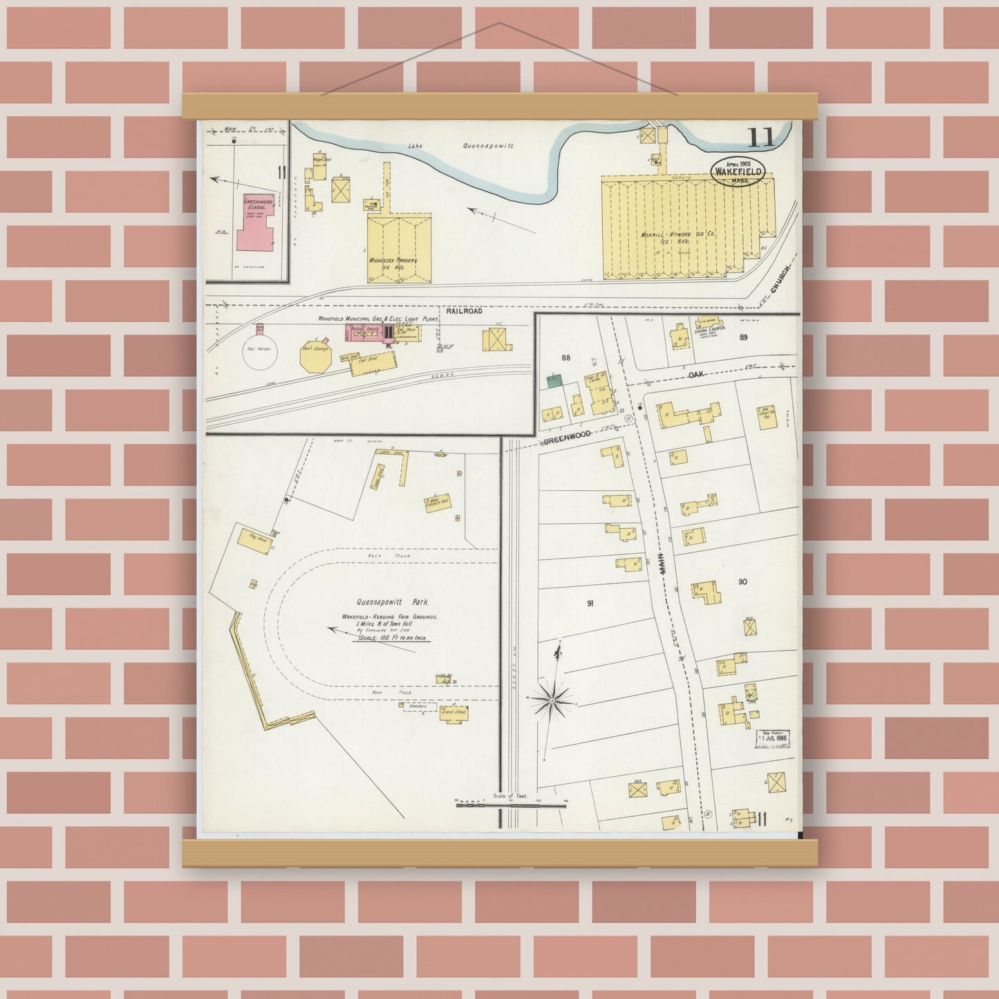 Old map wall art mockup — magnetic wood frame on brick wall — Sanborn Fire Insurance Map from Wakefield, Middlesex County, Massachusetts (1903), Sheet #0011