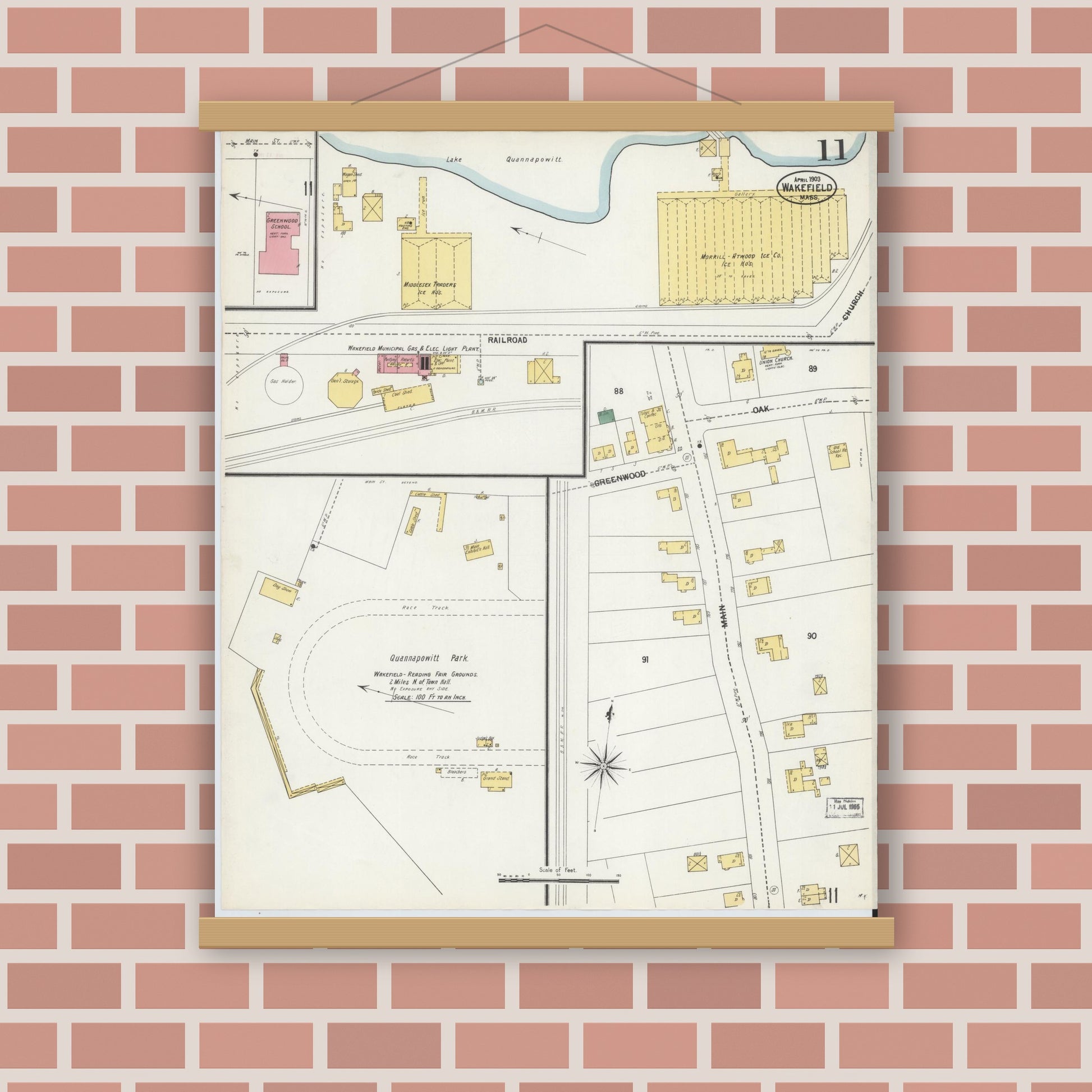 Old map wall art mockup — magnetic wood frame on brick wall — Sanborn Fire Insurance Map from Wakefield, Middlesex County, Massachusetts (1903), Sheet #0011