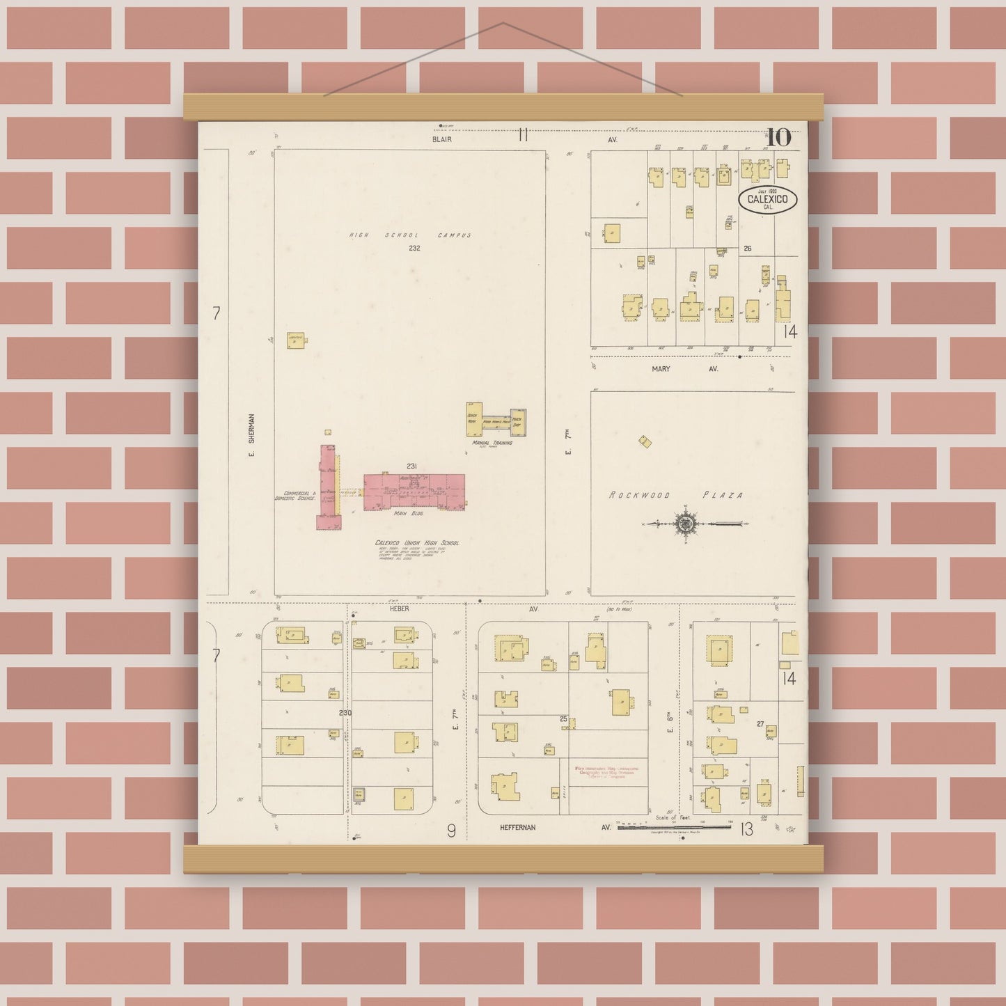 Old map wall art mockup — magnetic wood frame on brick wall — Sanborn Fire Insurance Map from Calexico, Imperial County, California (1920), Sheet #0010