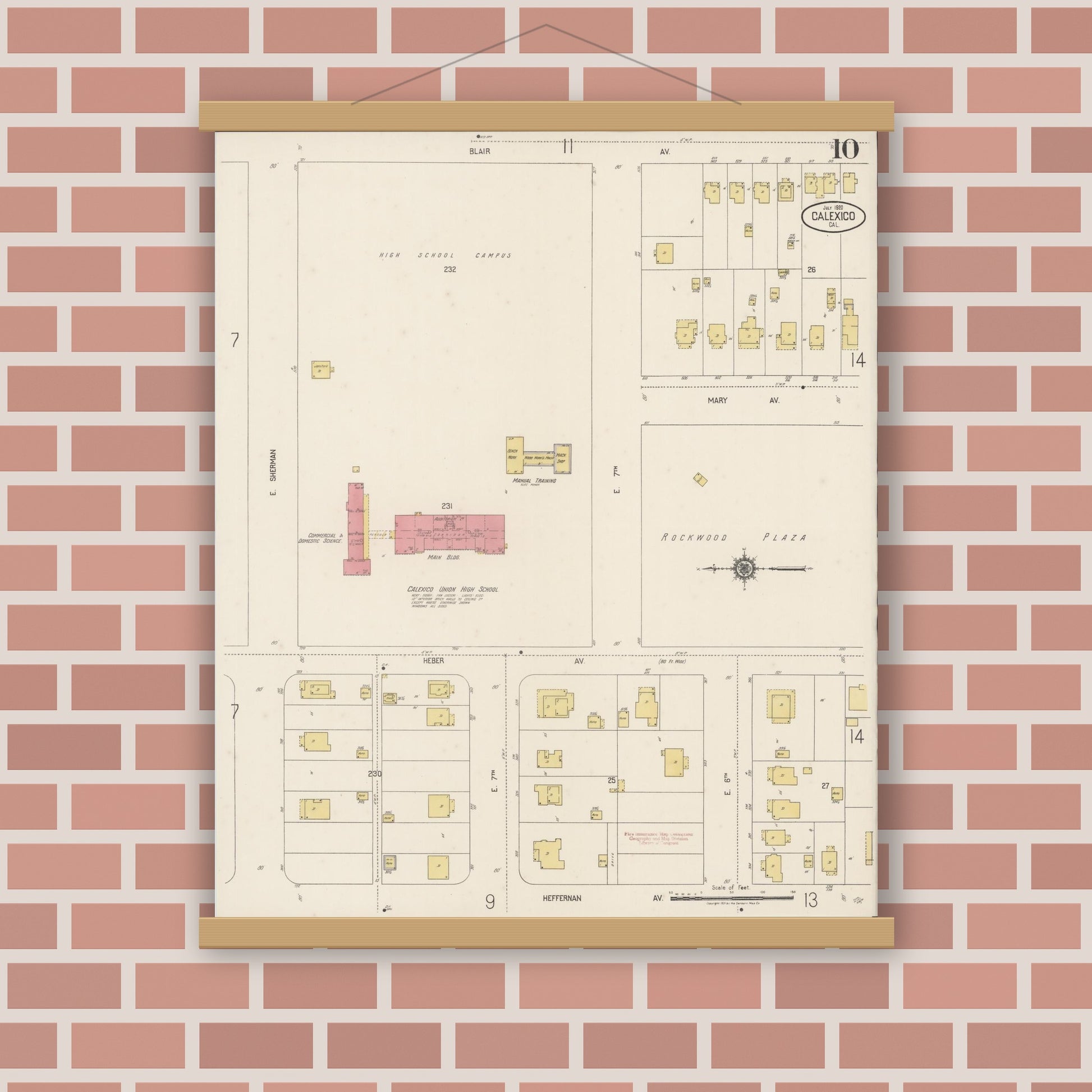Old map wall art mockup — magnetic wood frame on brick wall — Sanborn Fire Insurance Map from Calexico, Imperial County, California (1920), Sheet #0010