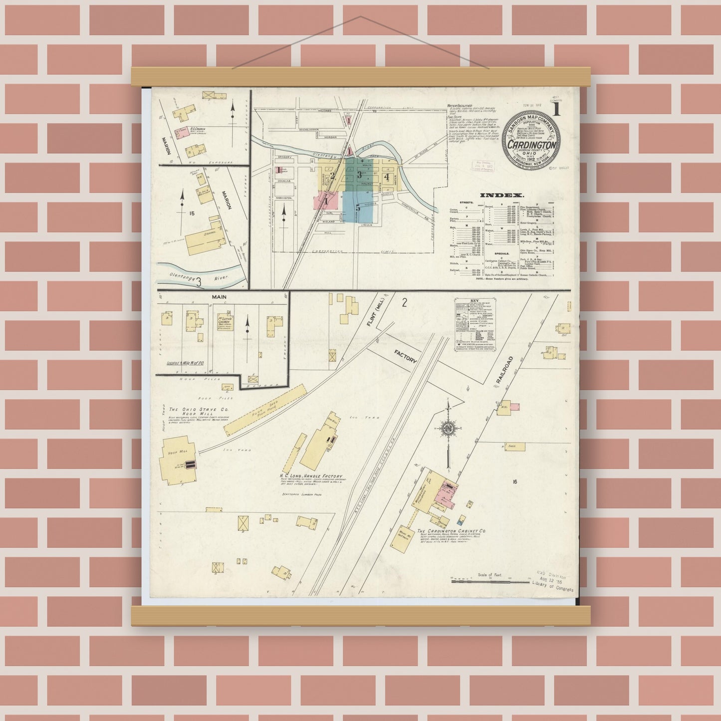 Old map wall art mockup — magnetic wood frame on brick wall — Sanborn Fire Insurance Map from Cardington, Morrow County, Ohio (1912) - Complete Map Set