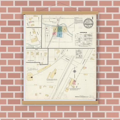 Old map wall art mockup — magnetic wood frame on brick wall — Sanborn Fire Insurance Map from Cardington, Morrow County, Ohio (1912) - Complete Map Set