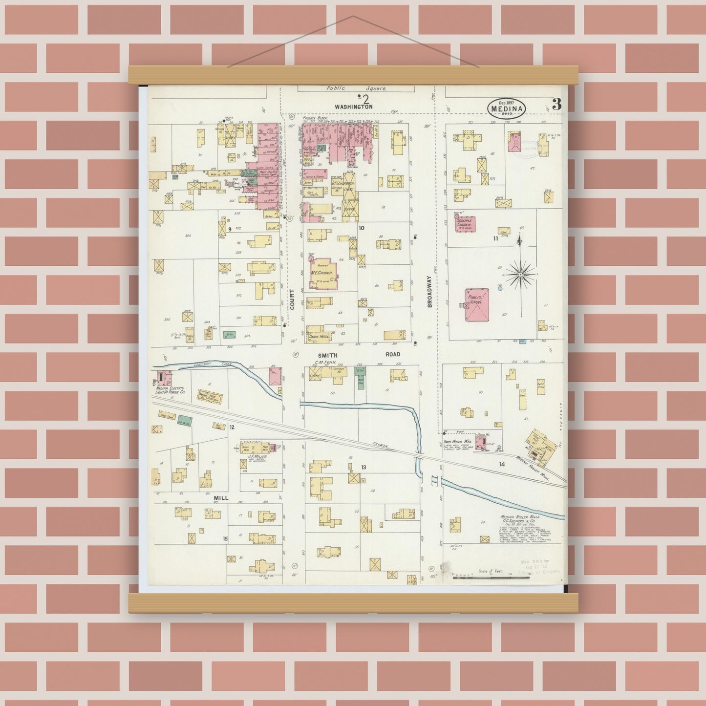 Old map wall art mockup — magnetic wood frame on brick wall — Sanborn Fire Insurance Map from Medina, Medina County, Ohio (1897), Sheet #0003