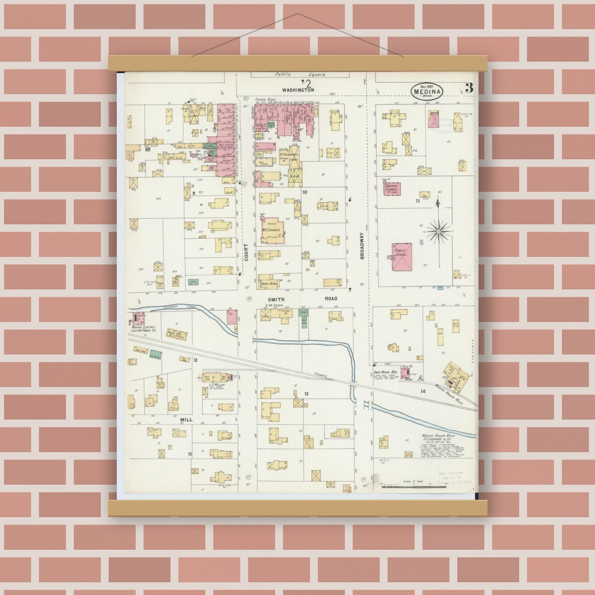 Old map wall art mockup — magnetic wood frame on brick wall — Sanborn Fire Insurance Map from Medina, Medina County, Ohio (1897), Sheet #0003