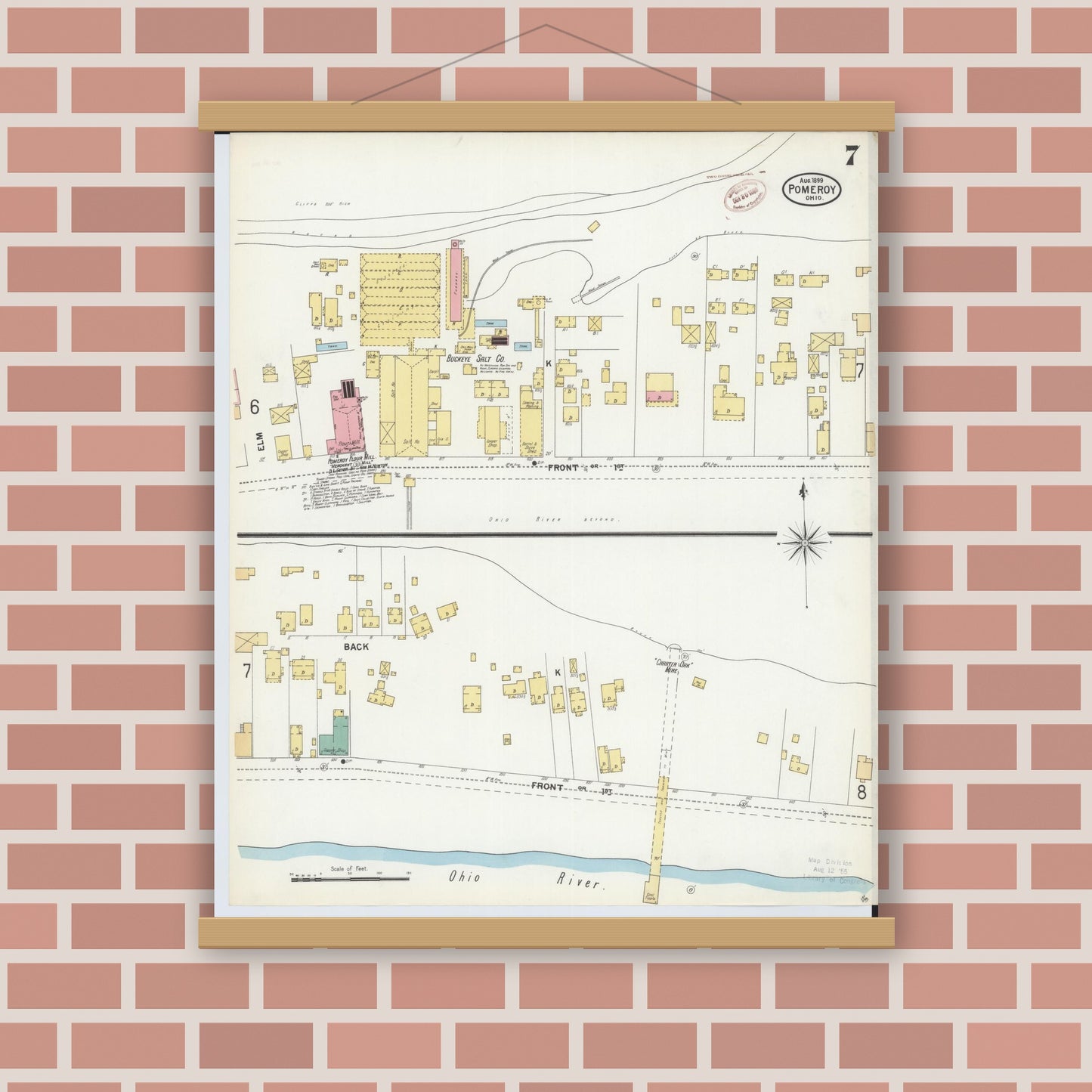 Old map wall art mockup — magnetic wood frame on brick wall — Sanborn Fire Insurance Map from Pomeroy, Meigs County, Ohio (1899), Sheet #0007