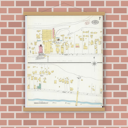 Old map wall art mockup — magnetic wood frame on brick wall — Sanborn Fire Insurance Map from Pomeroy, Meigs County, Ohio (1899), Sheet #0007
