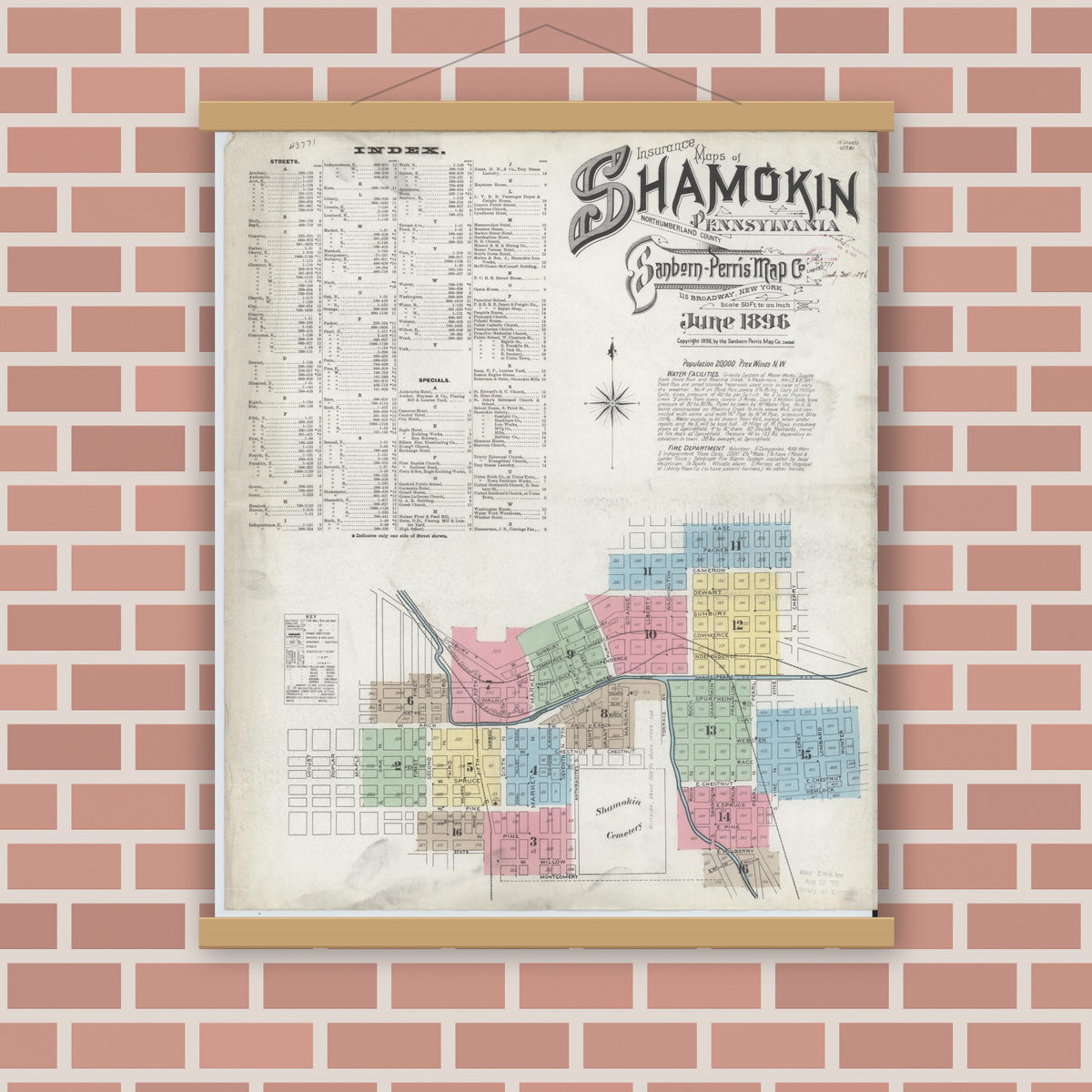 Old map wall art mockup — magnetic wood frame on brick wall — Sanborn Fire Insurance Map from Shamokin, Northumberland County, Pennsylvania (1896) - Complete Map Set