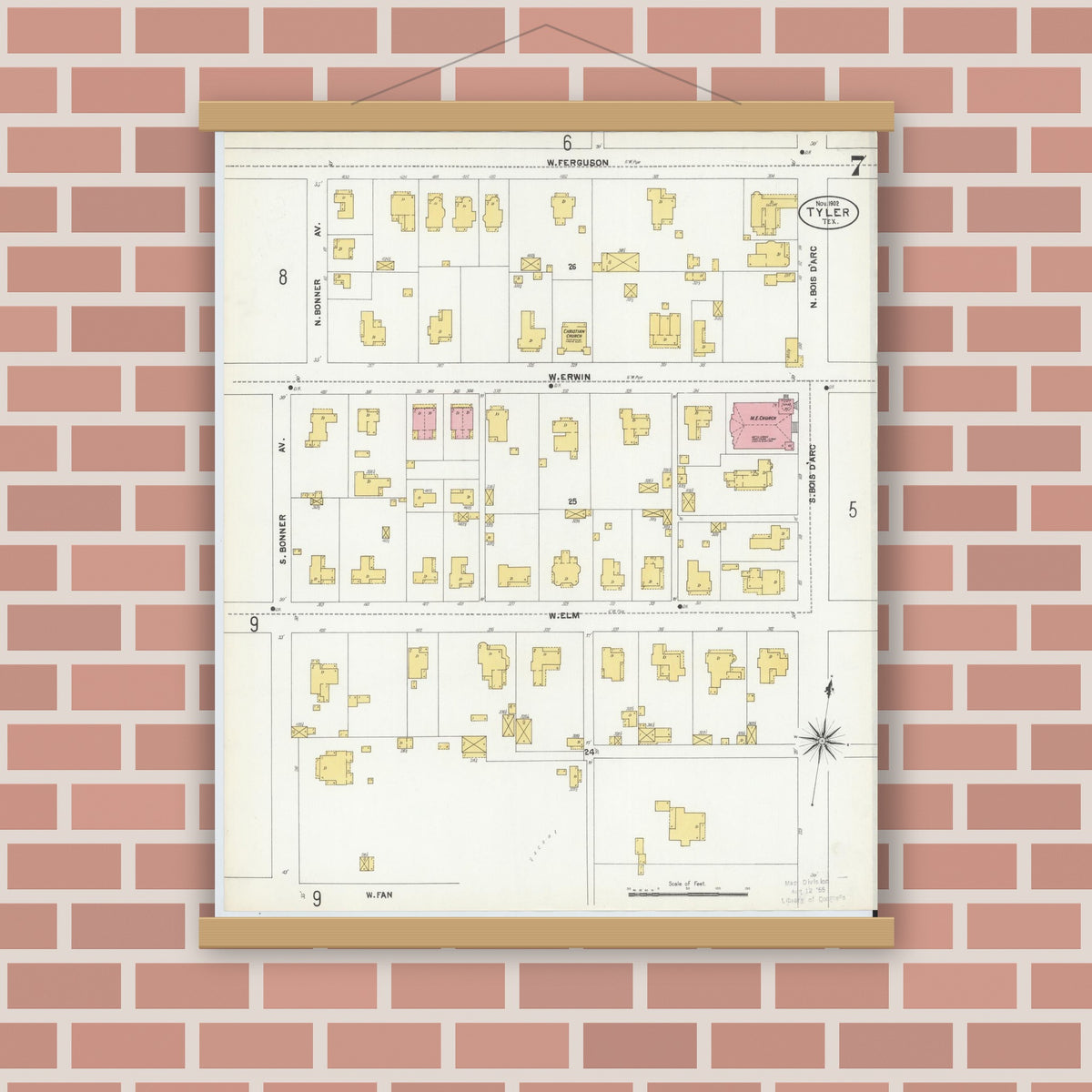 Old map wall art mockup — magnetic wood frame on brick wall — Sanborn Fire Insurance Map from Tyler, Smith County, Texas (1902), Sheet #0007