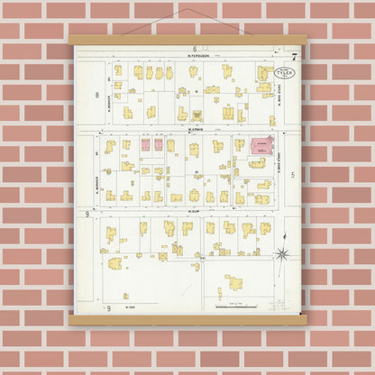 Old map wall art mockup — magnetic wood frame on brick wall — Sanborn Fire Insurance Map from Tyler, Smith County, Texas (1902), Sheet #0007