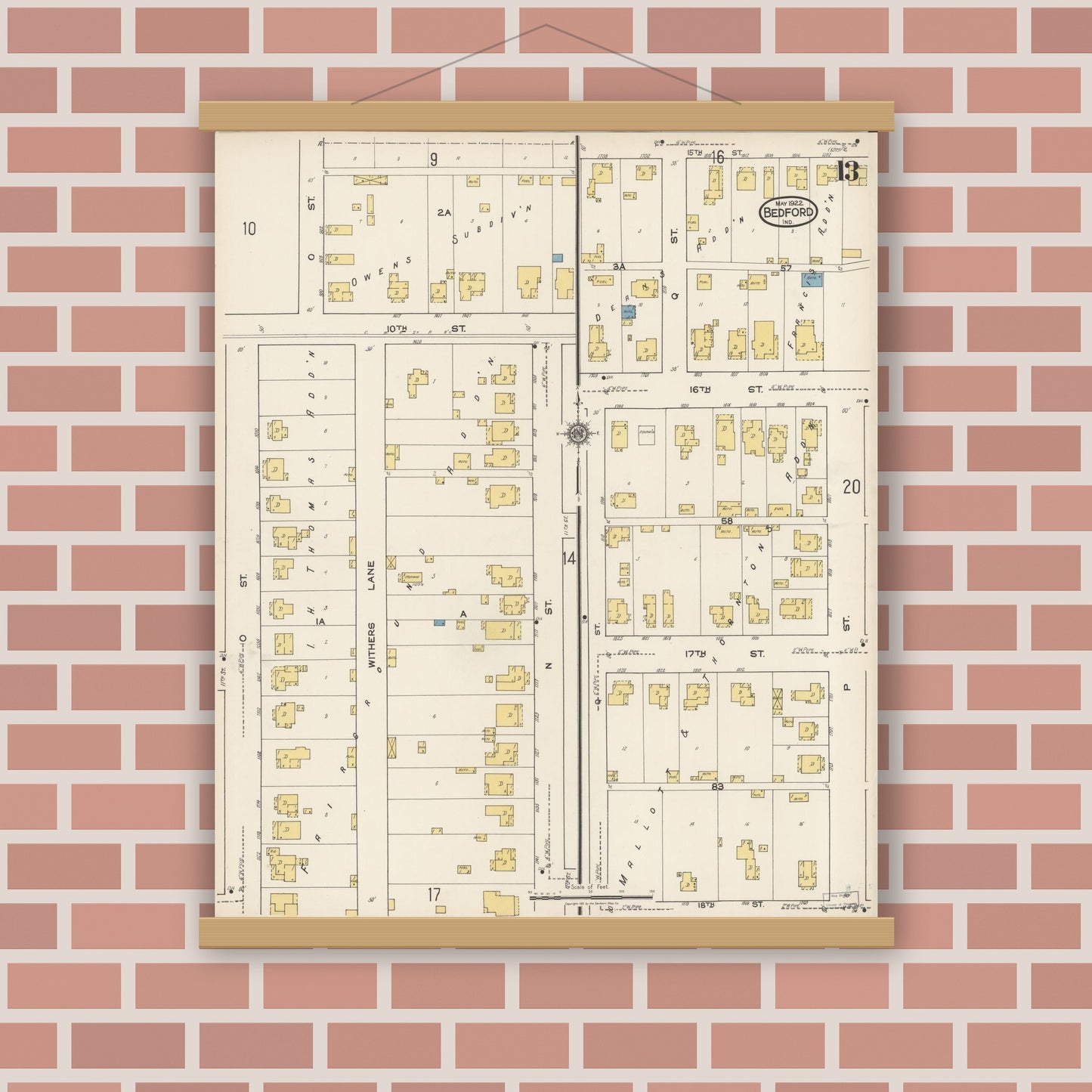 Old map wall art mockup — magnetic wood frame on brick wall — Sanborn Fire Insurance Map from Bedford, Lawrence County, Indiana (1922), Sheet #0013