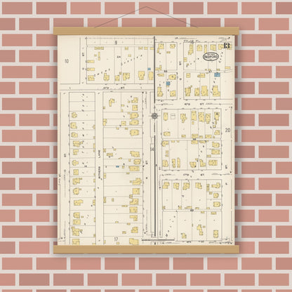 Old map wall art mockup — magnetic wood frame on brick wall — Sanborn Fire Insurance Map from Bedford, Lawrence County, Indiana (1922), Sheet #0013