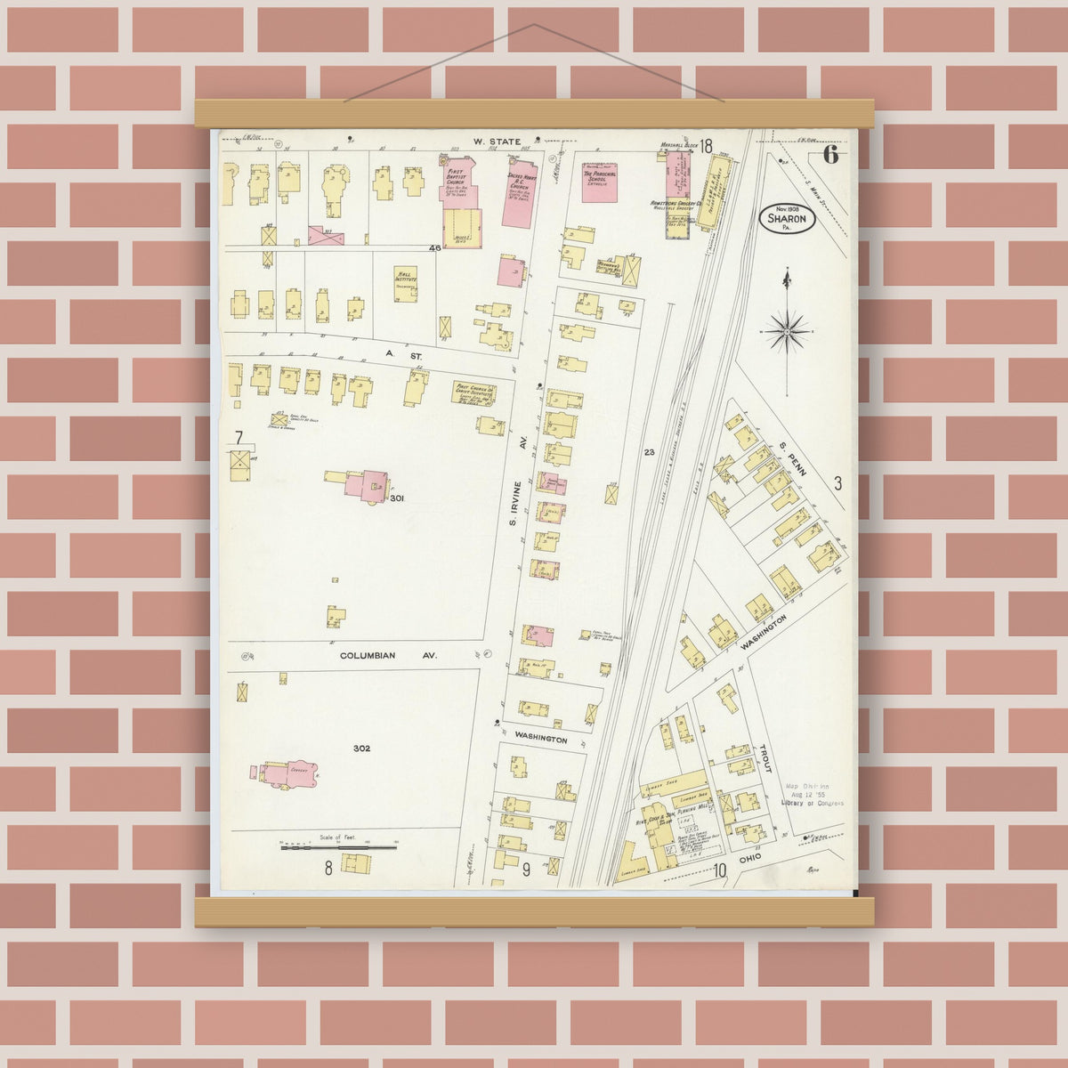 Old map wall art mockup — magnetic wood frame on brick wall — Sanborn Fire Insurance Map from Sharon, Mercer County, Pennsylvania (1908), Sheet #0006