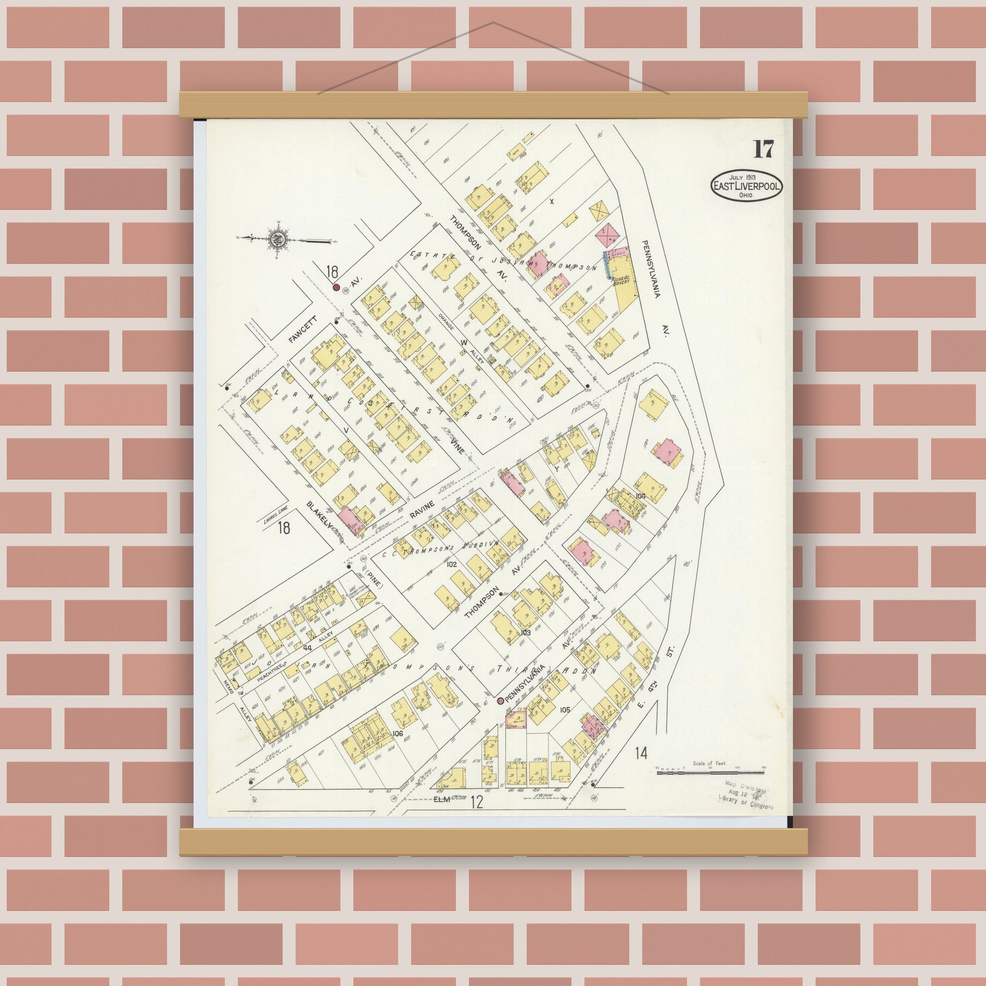 Old map wall art mockup — magnetic wood frame on brick wall — Sanborn Fire Insurance Map from East Liverpool, Columbiana County, Ohio (1913), Sheet #0017