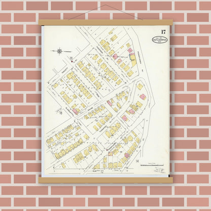 Old map wall art mockup — magnetic wood frame on brick wall — Sanborn Fire Insurance Map from East Liverpool, Columbiana County, Ohio (1913), Sheet #0017