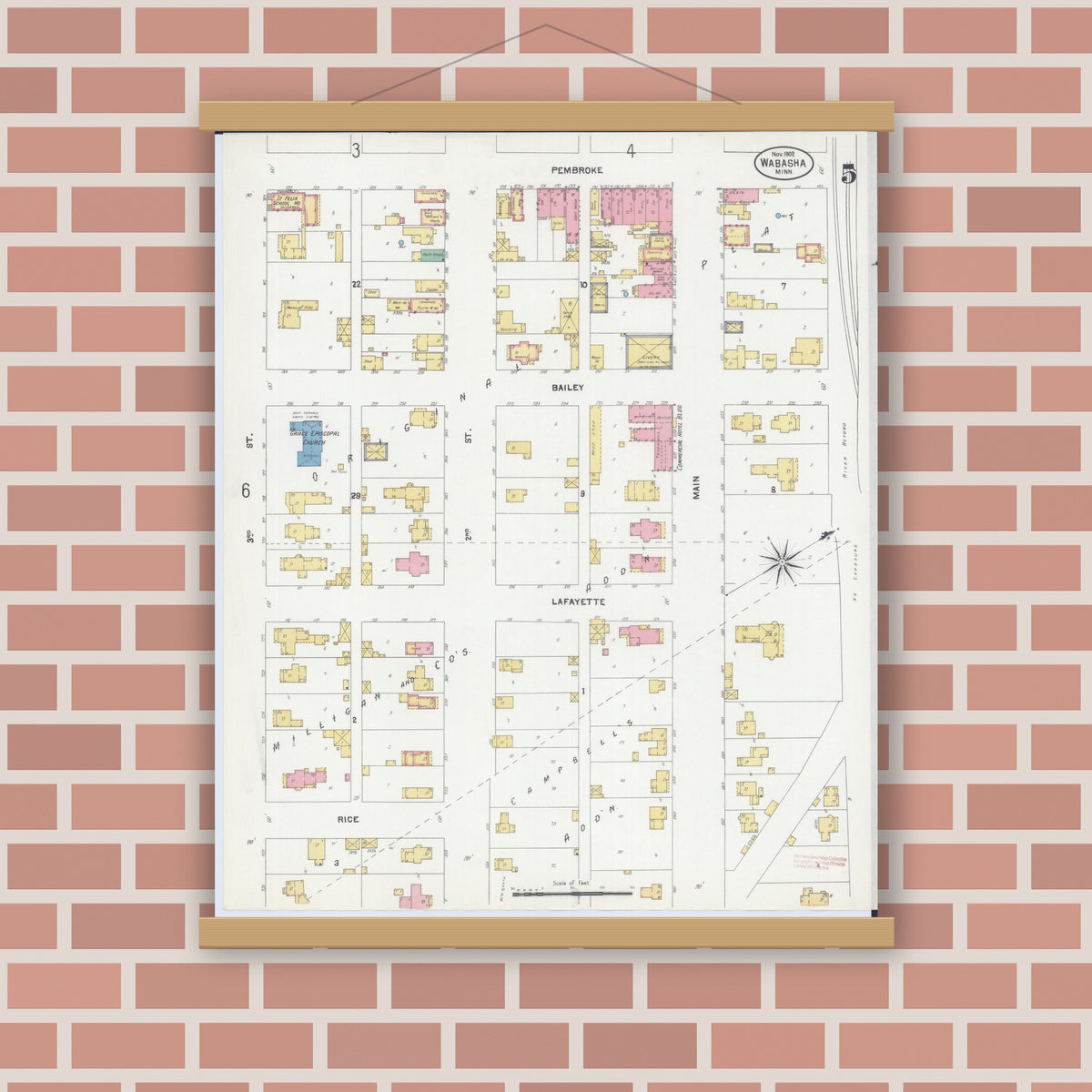 Old map wall art mockup — magnetic wood frame on brick wall — Sanborn Fire Insurance Map from Wabasha, Wabasha County, Minnesota (1902), Sheet #0005